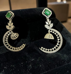 Crystal Crescent Moon Statement Earrings | Silver Tone Dangle Earrings – Emerald Green & Crystal Clear