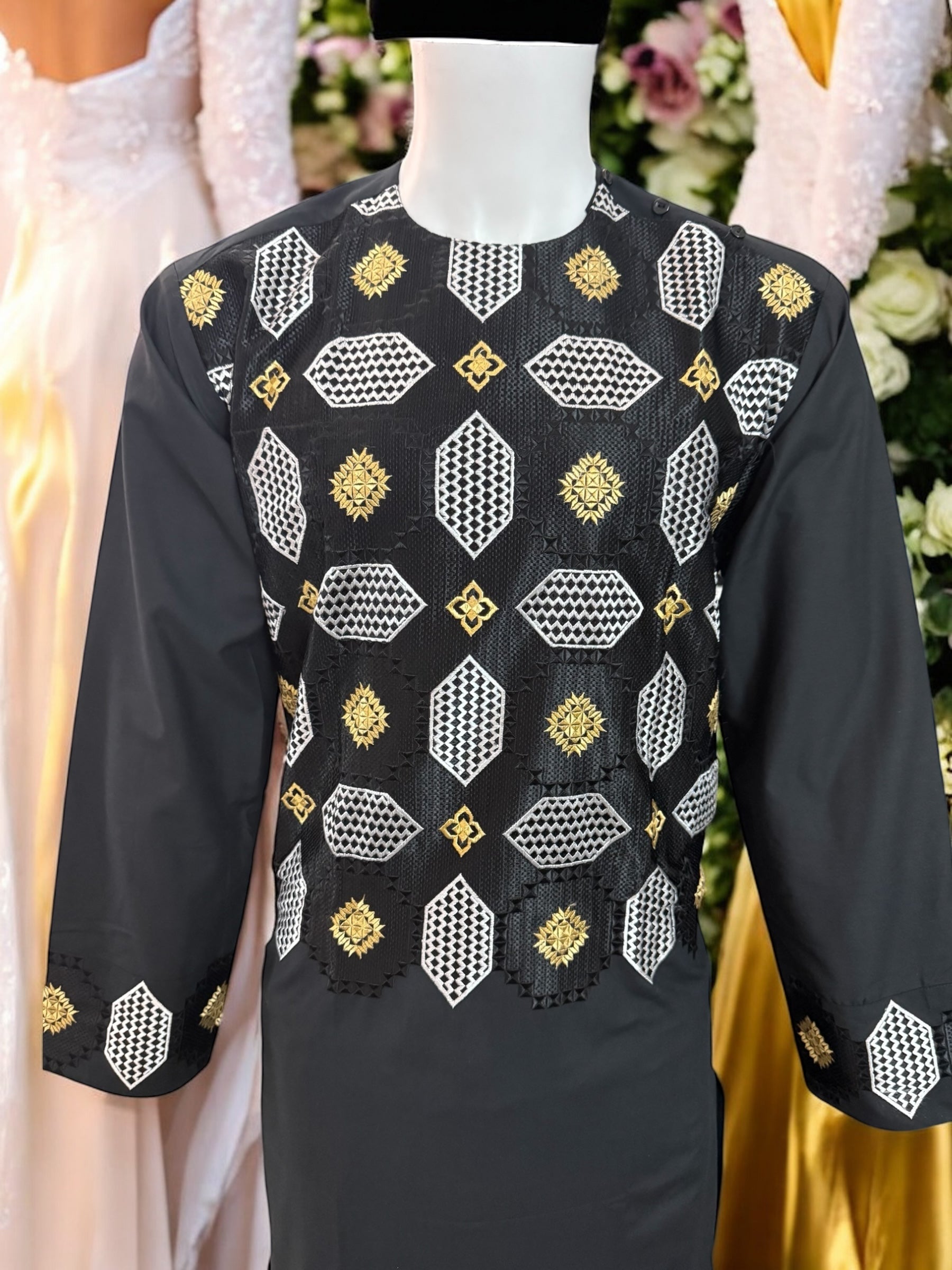 Afghan Parahan Tunban with Machine Khamakdozi Embroidery – Black White Gold – Medium