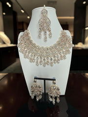 Champagne Pearl Kundan Bridal Jewelry Set with Earrings & Maang Tikka | Rose Gold Indian Pakistani Afghan Wedding Necklace | Jewelry Gift Box Included 6048
