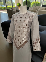 Men’s Light Gray Traditional Kameez with Brown and Silver Machine Embroidery – Large