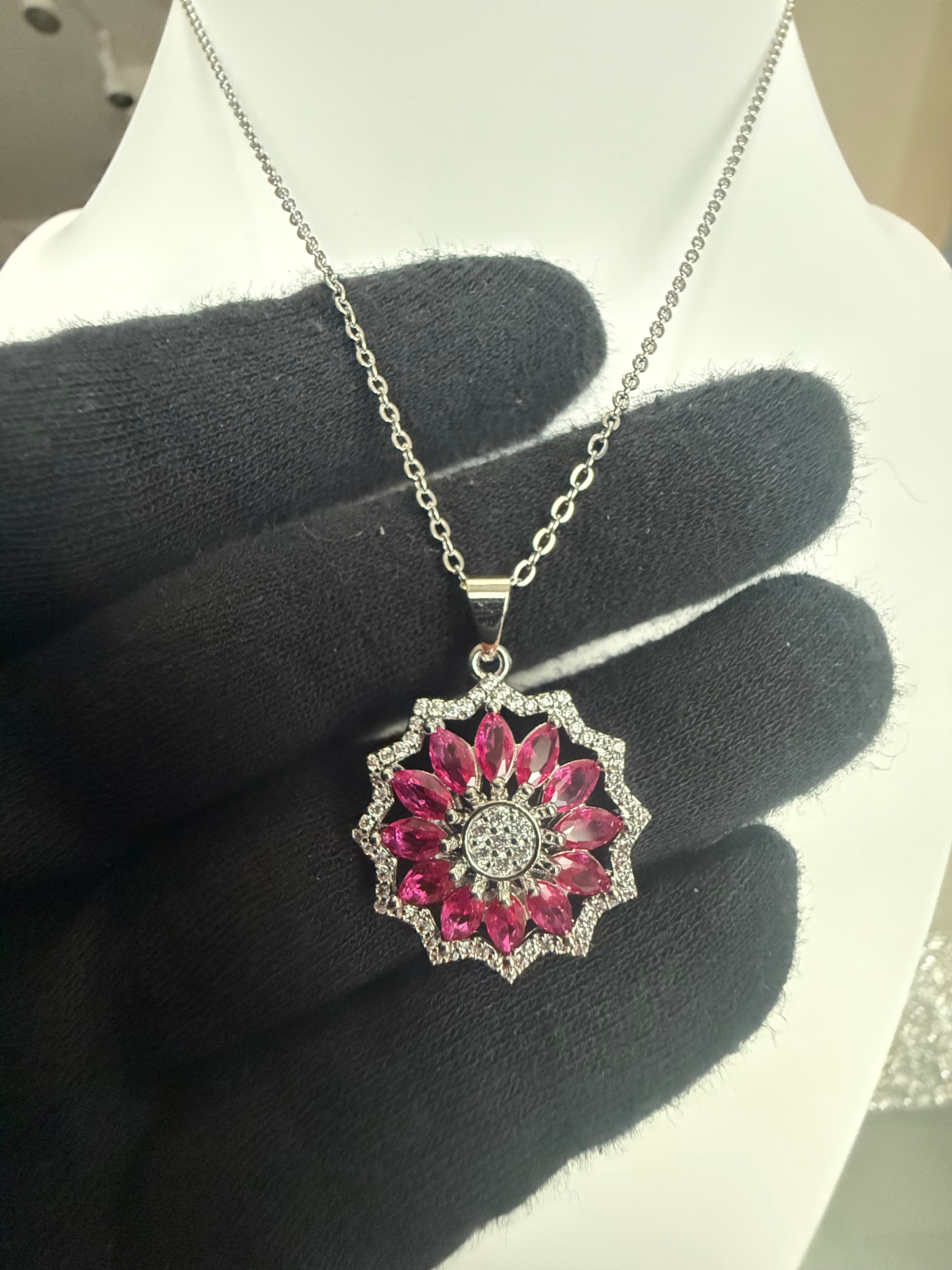 Pink Crystal Floral Pendant Necklace – Silver Tone Flower Statement Necklace with Gift Box 7157