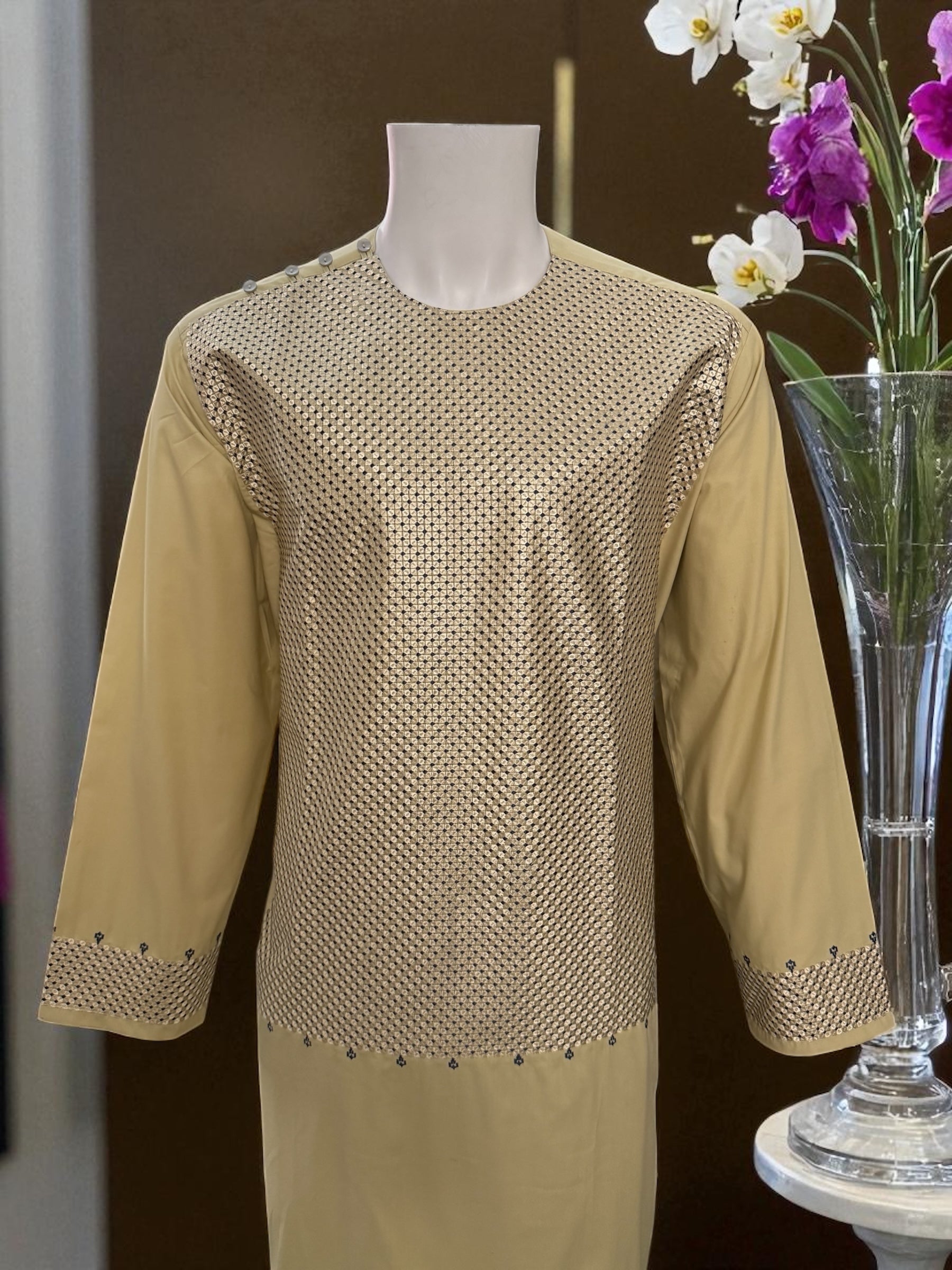 Men’s Beige Kameez with Black Embroidery