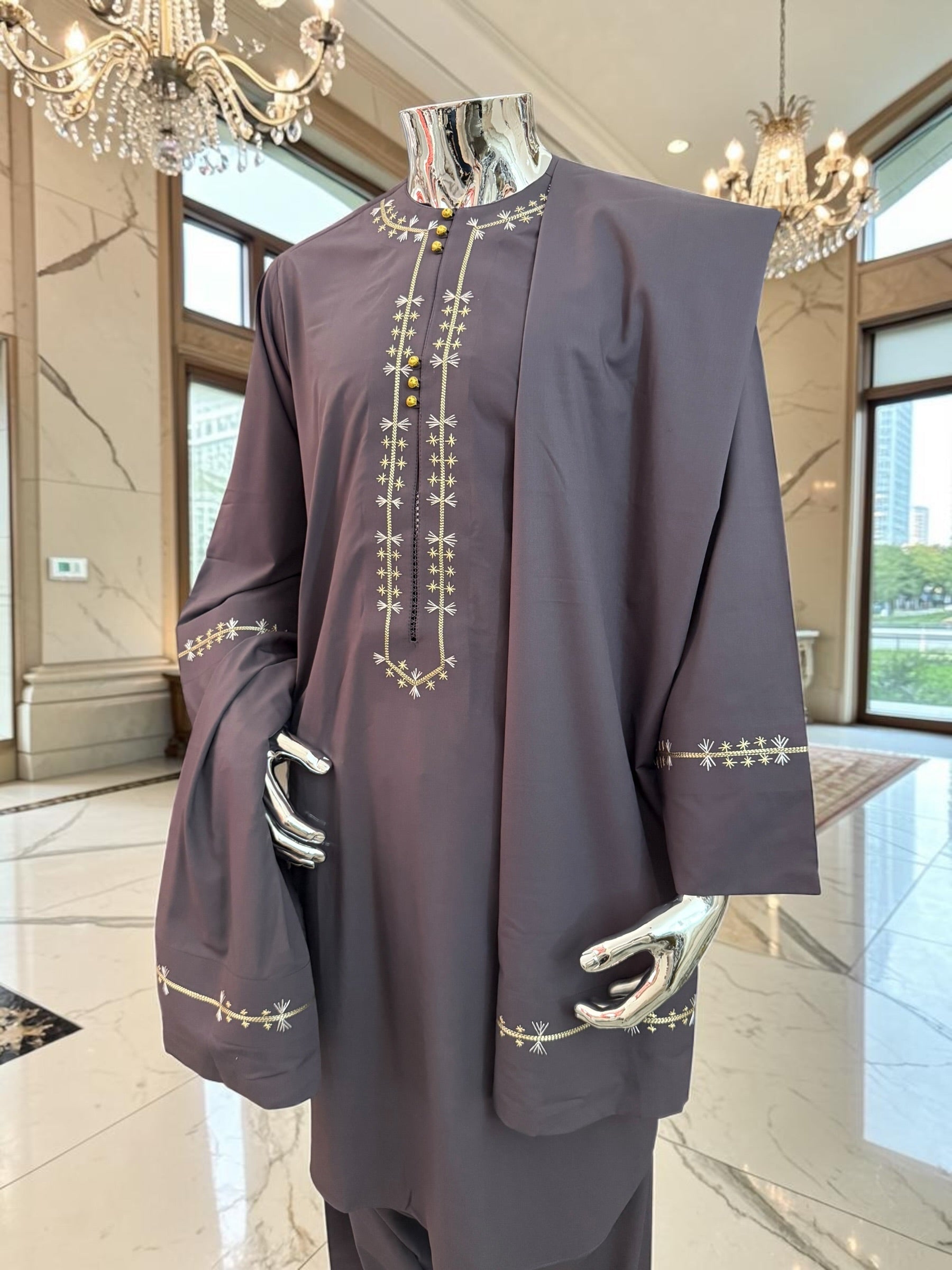 Plum Embroidered Afghan Parahan Tunban for Men with Matching Shawl