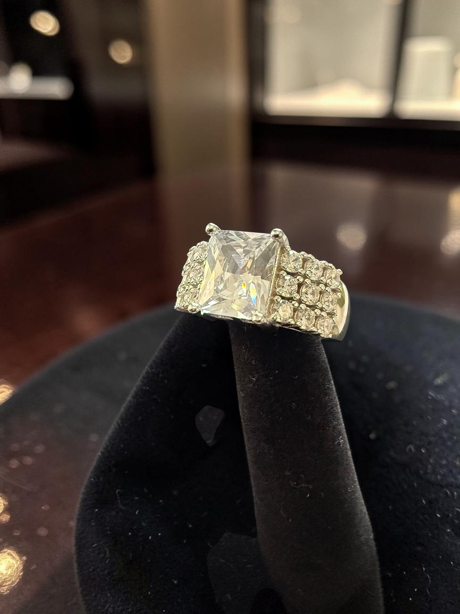 925 Sterling Silver Emerald-Cut Statement Ring with Pavé Stones – Size 10.  042