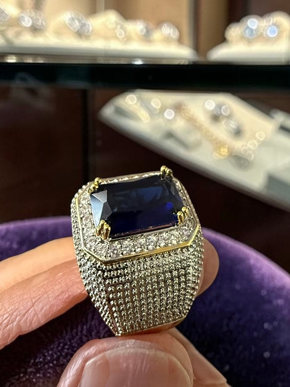 Men’s Blue Zircon Statement Ring Brass Cocktail Ring (Vintage Style)CBB