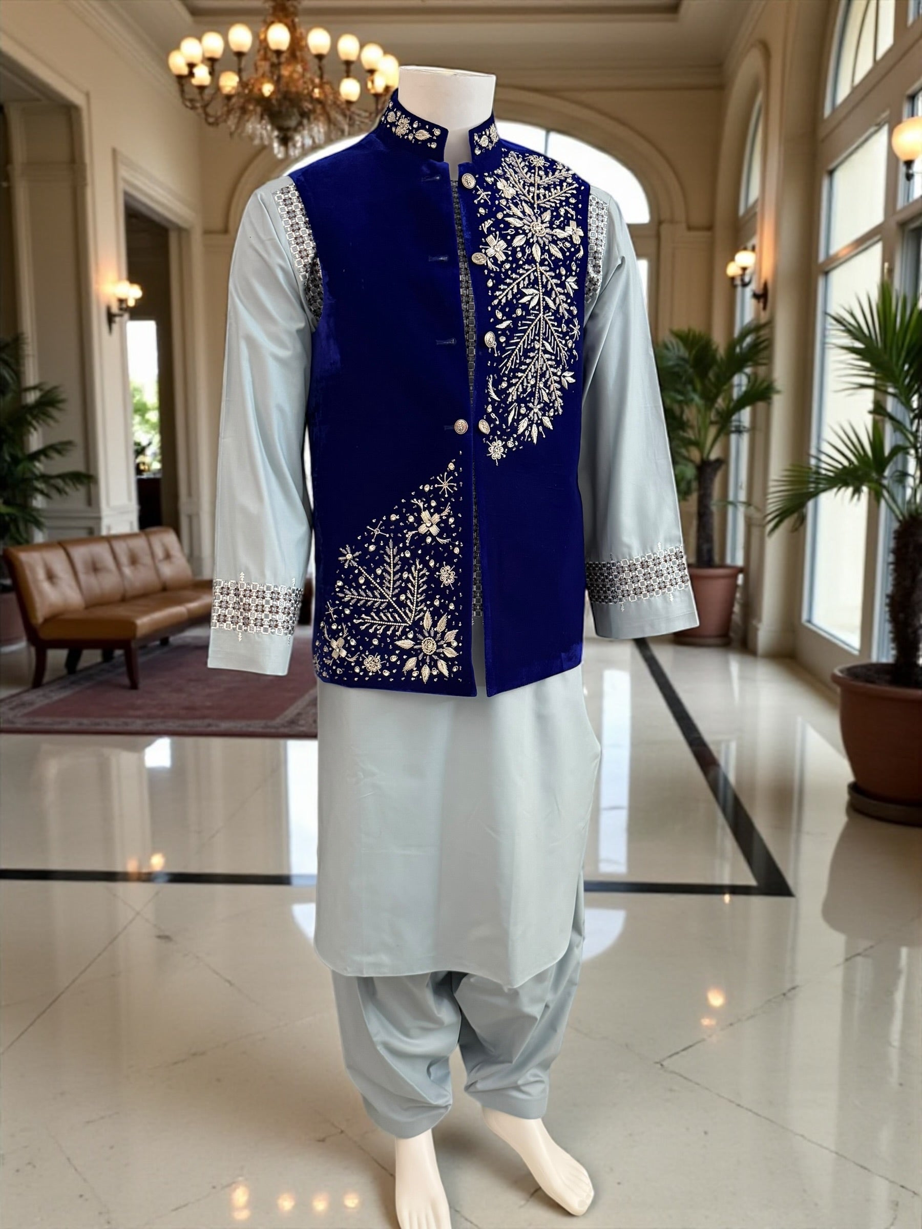Men’s Medium Royal Blue Velvet Vestcoat – Luxury Silver Hand Embroidery | Wedding & Eid Waistcoat Medium