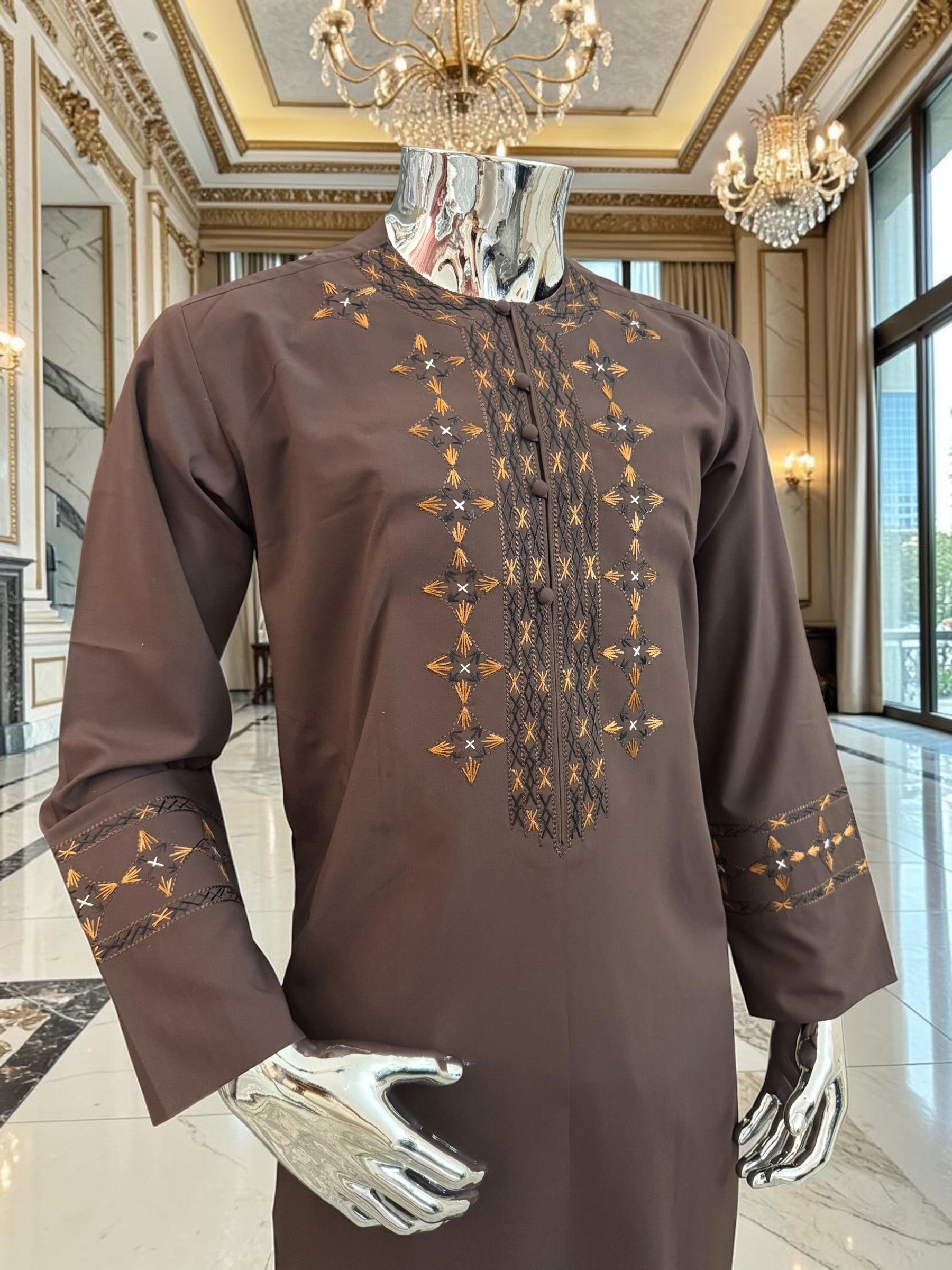 Men’s Chocolate Brown Embroidered Afghan Parahan Tunban 3-Piece Set with Shawl | Small–X-Large