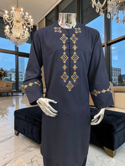 Large Men’s Navy Afghan Parahan Tunban Set with Premium Hand Embroidery with Mirror work & Matching Chadder/patto