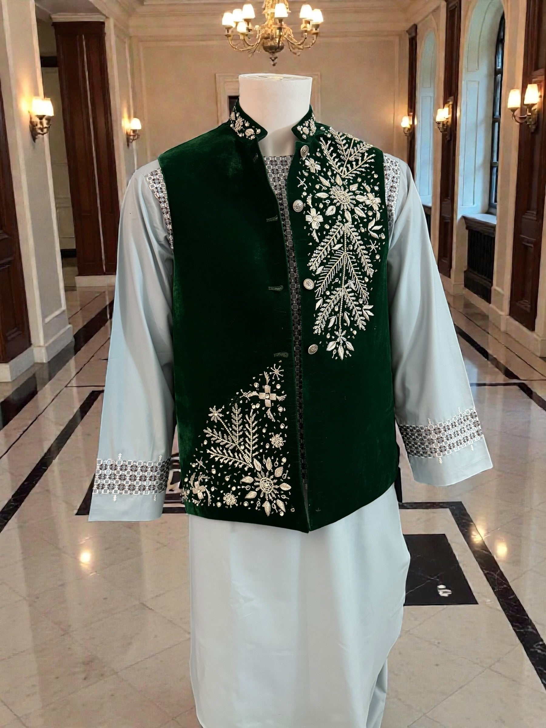 Small Emerald Green Velvet Waistcoat– Hand-Embroidered Silver Zari & Dabka Work