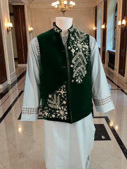 Small Emerald Green Velvet Waistcoat– Hand-Embroidered Silver Zari & Dabka Work