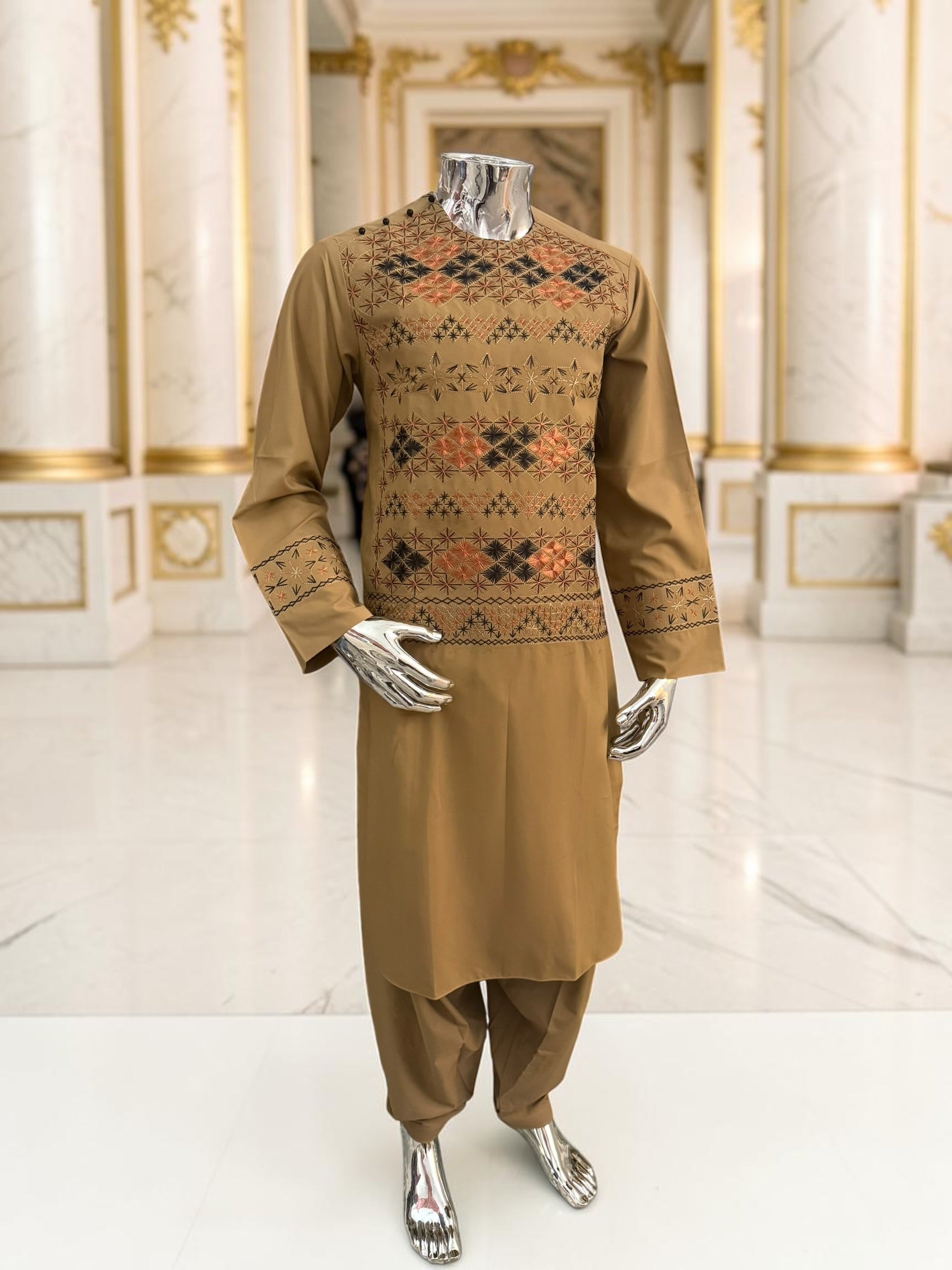Hand Embroidered Camel Tan Afghan Parahan Tunban with Matching Shawl 5024