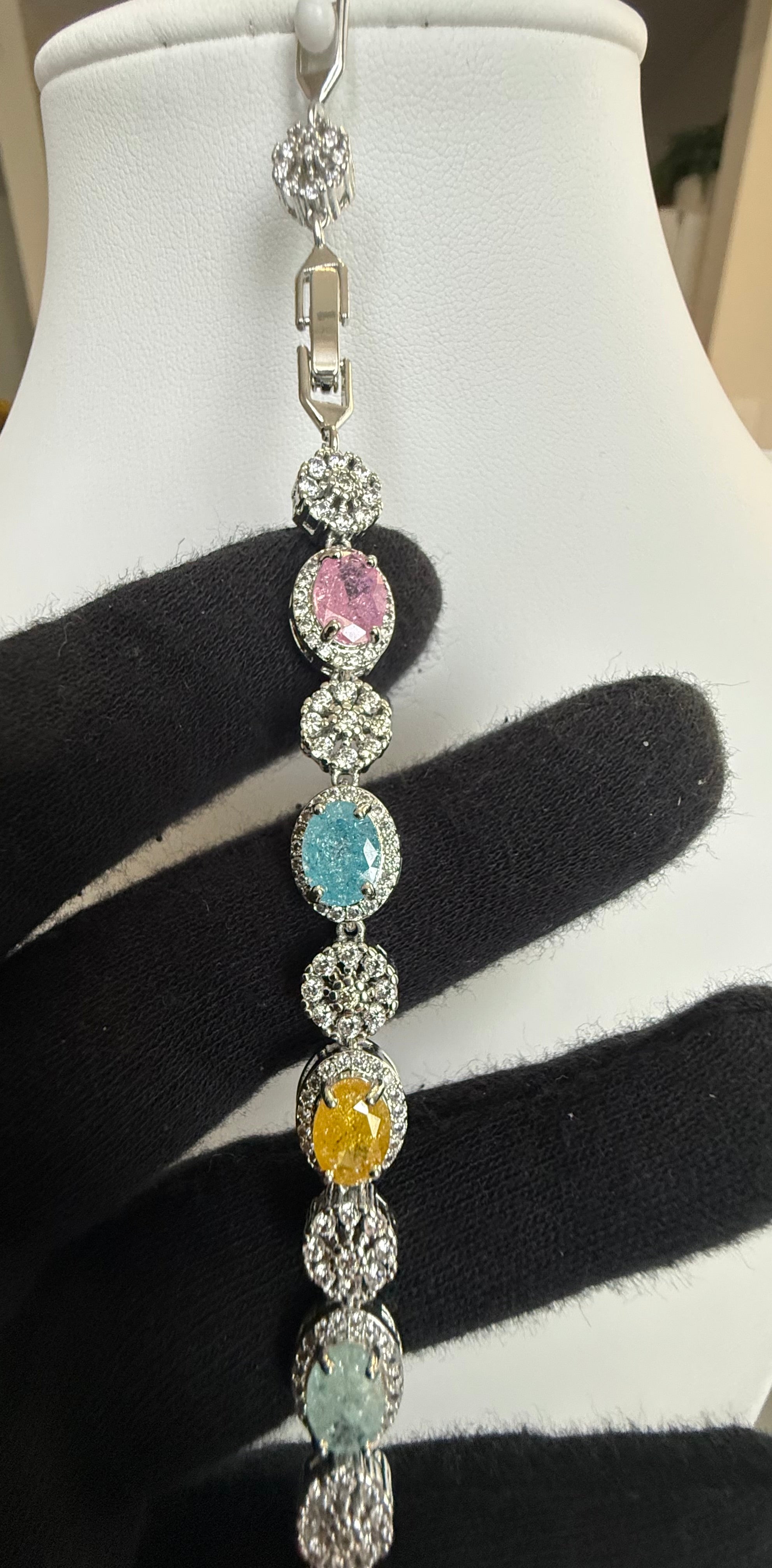 Multicolor Oval Crystal Halo Tennis Bracelet – Silver Tone Sparkling Statement Jewelry 7113