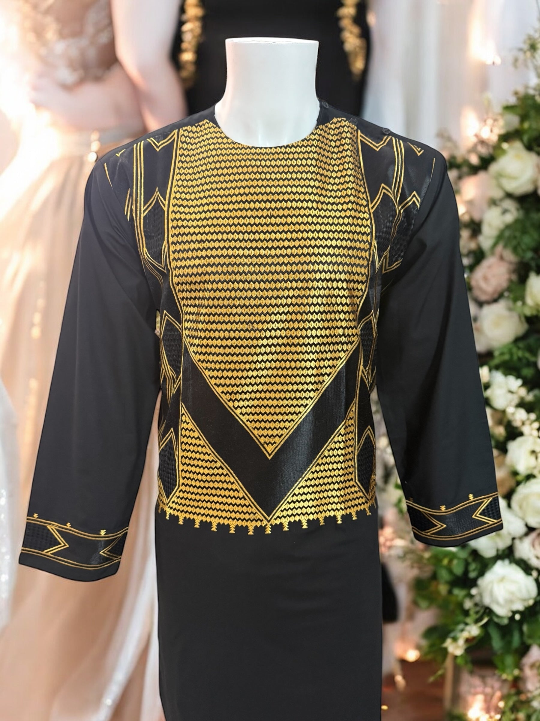 Afghan Parahan Tunban for Men Machine Embroidered Black Gold Traditional Wear Medium