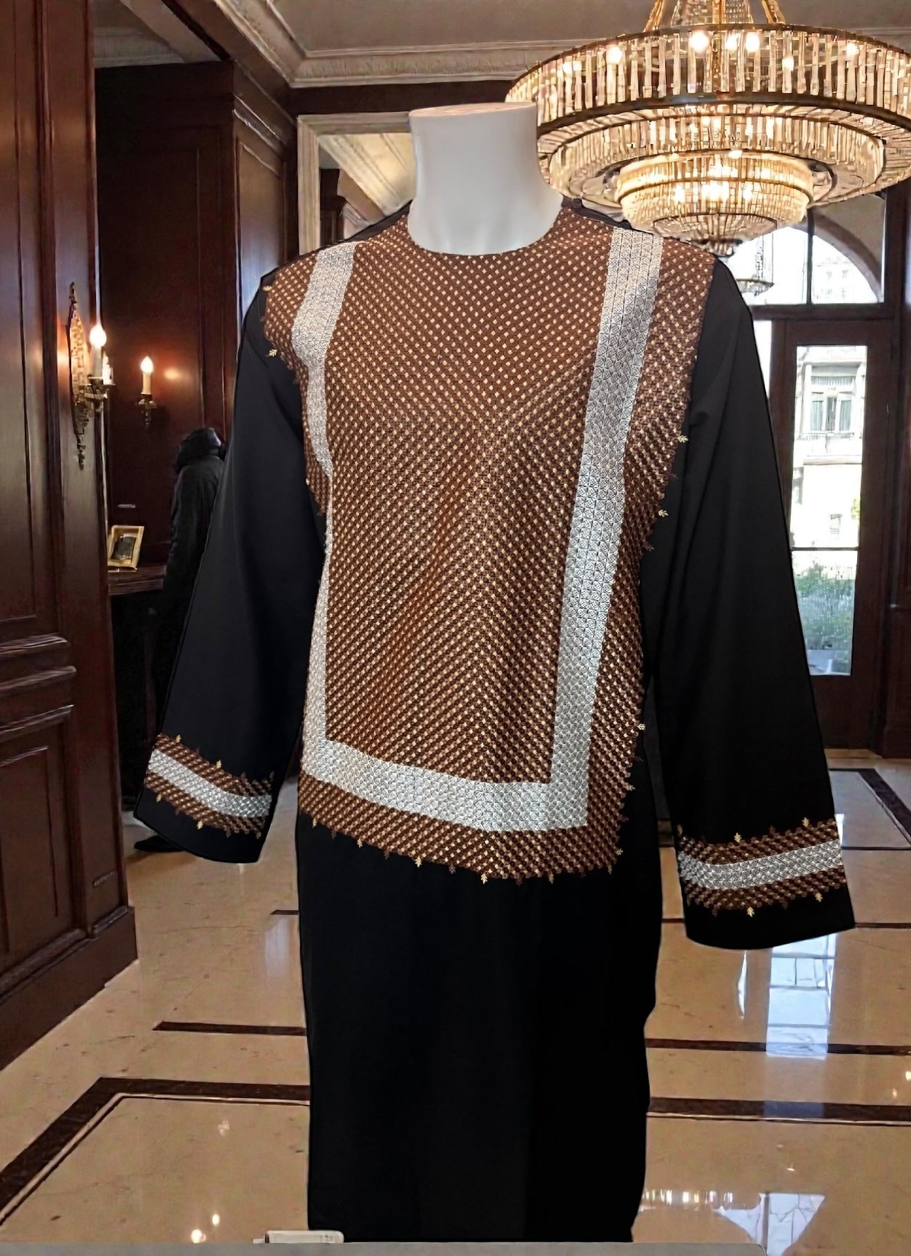 X-Large Black Afghan Parahan Tunban for Men with Machine Embroidery