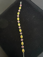 Yellow & Pink Crystal Tennis Bracelet – Silver Tone Oval & Emerald Cut Stone Bracelet for Women 7066