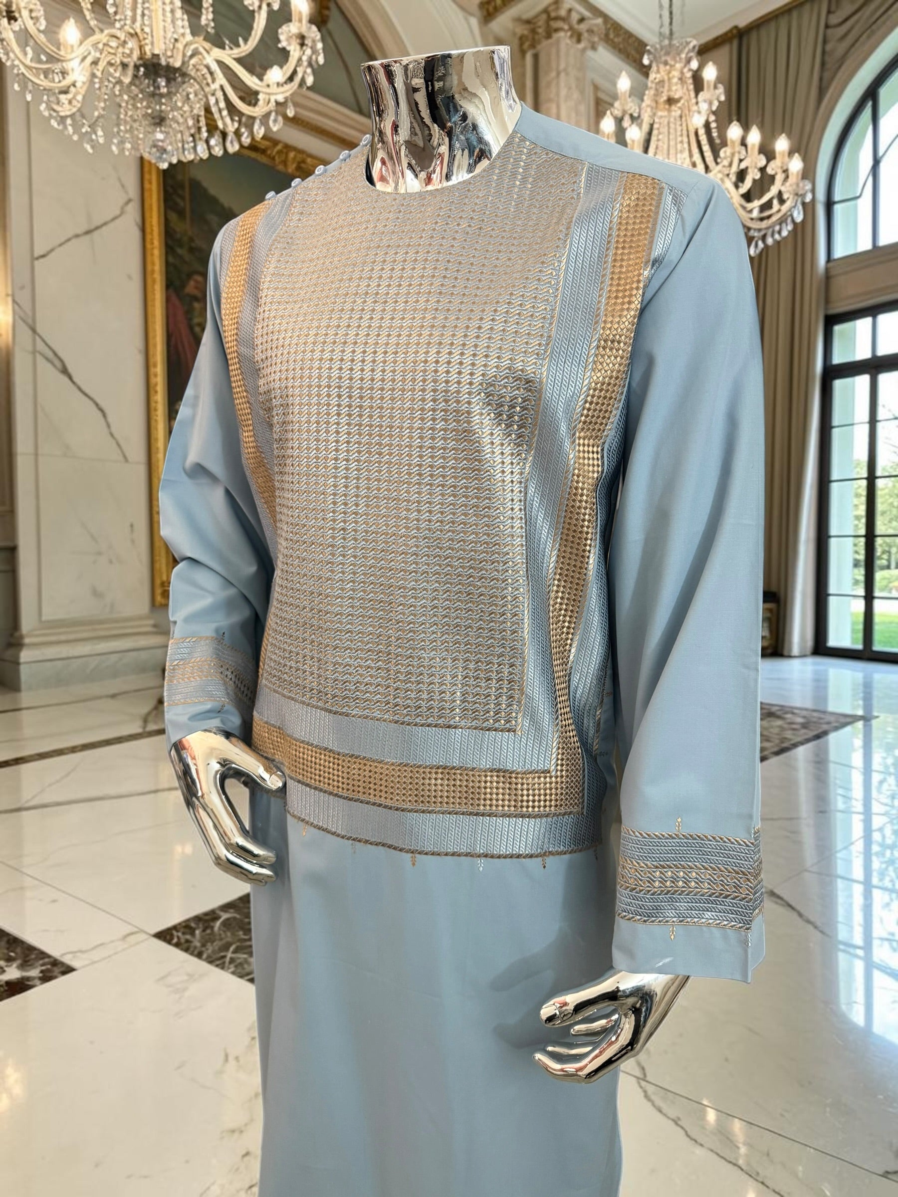 Large Luxury Sky Blue & Gold Embroidered Men’s Afghan Shalwar Kameez Set Yakhandozi – Premium Traditional Outfit