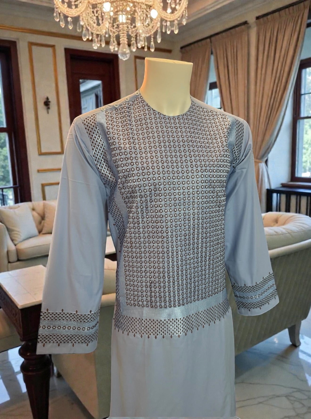 Medium Light Blue Afghan Parahan Tunban for Men with Machine Embroidery