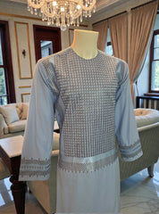 Medium Light Blue Afghan Parahan Tunban for Men with Machine Embroidery