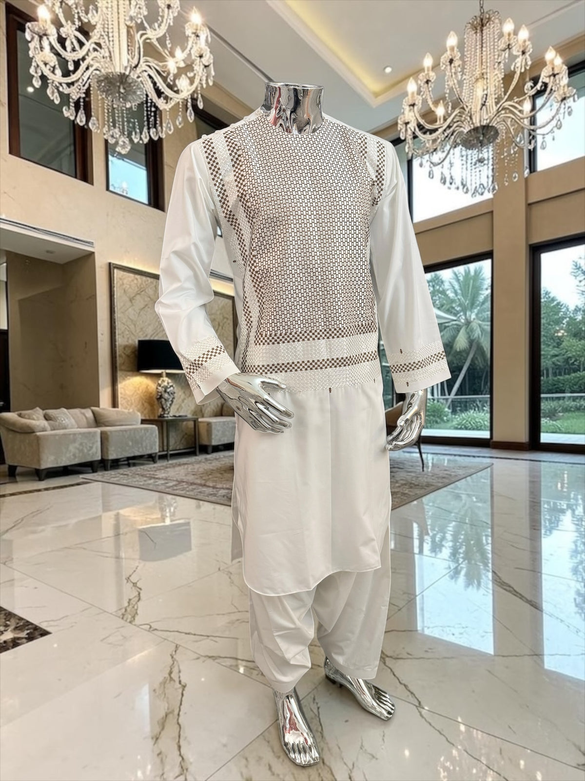 Small Off White Machine Embroidery Yakhan Parahan Tunban – Premium Afghan Traditional Outfit
