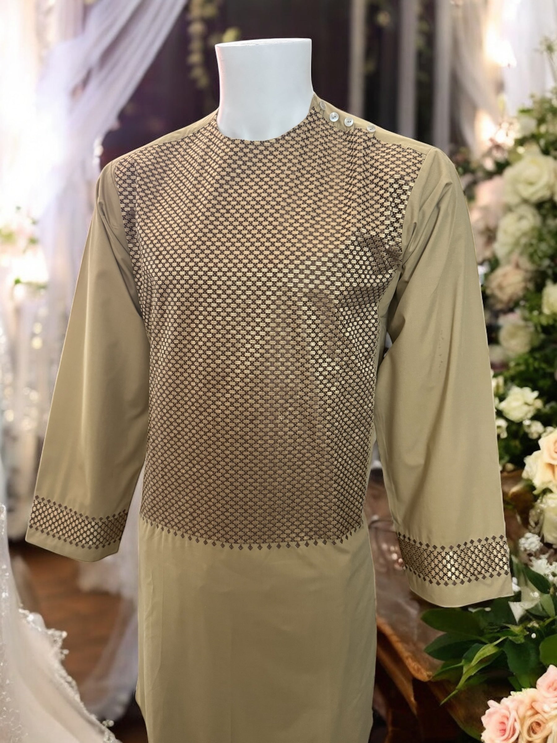 Afghan Parahan Tunban for Men Machine Embroidered Beige Gold Traditional Wear Medium
