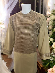 Afghan Parahan Tunban for Men Machine Embroidered Beige Gold Traditional Wear Medium