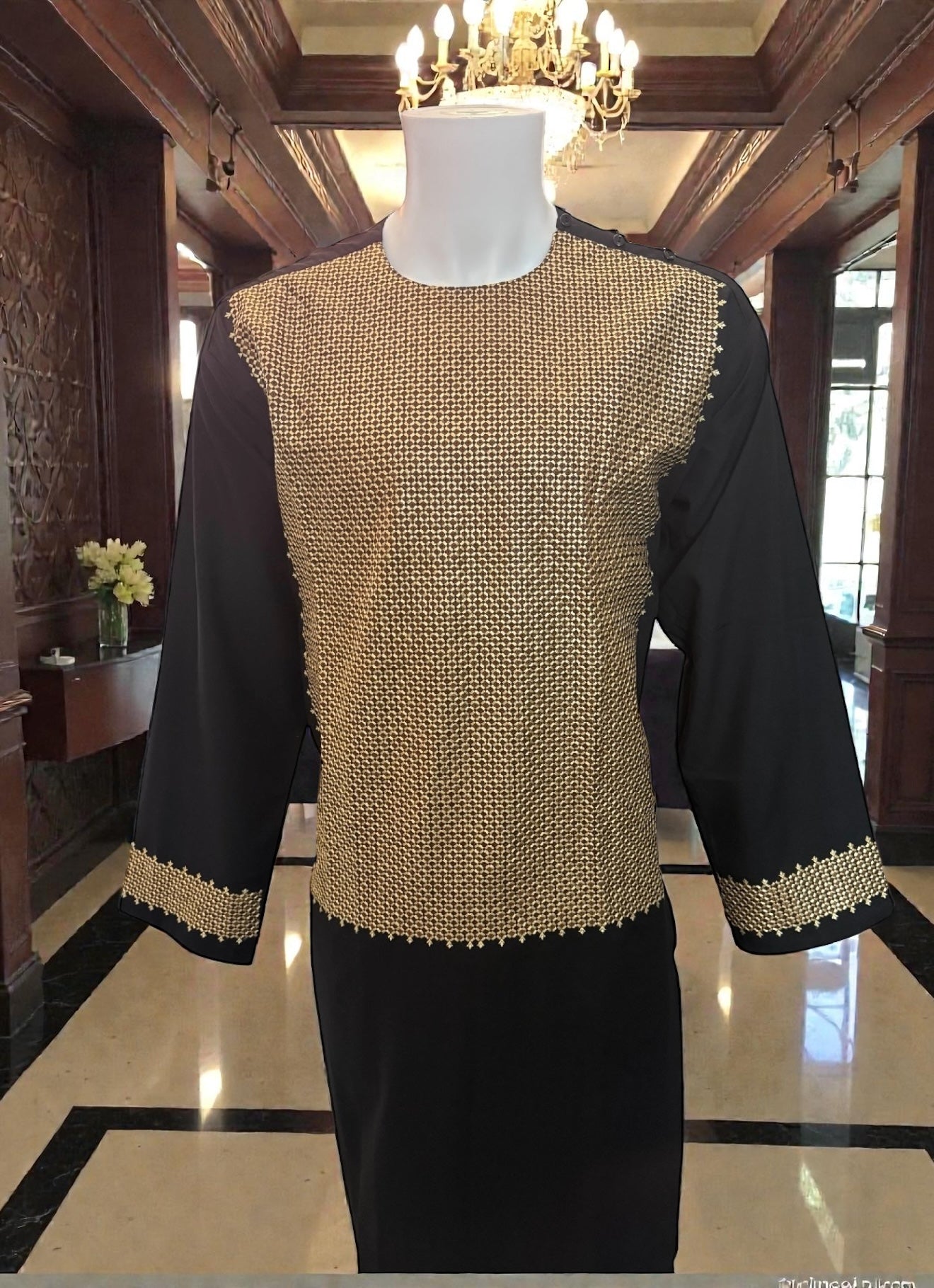 X-Large Black Afghan Parahan Tunban for Men with Machine Embroidery
