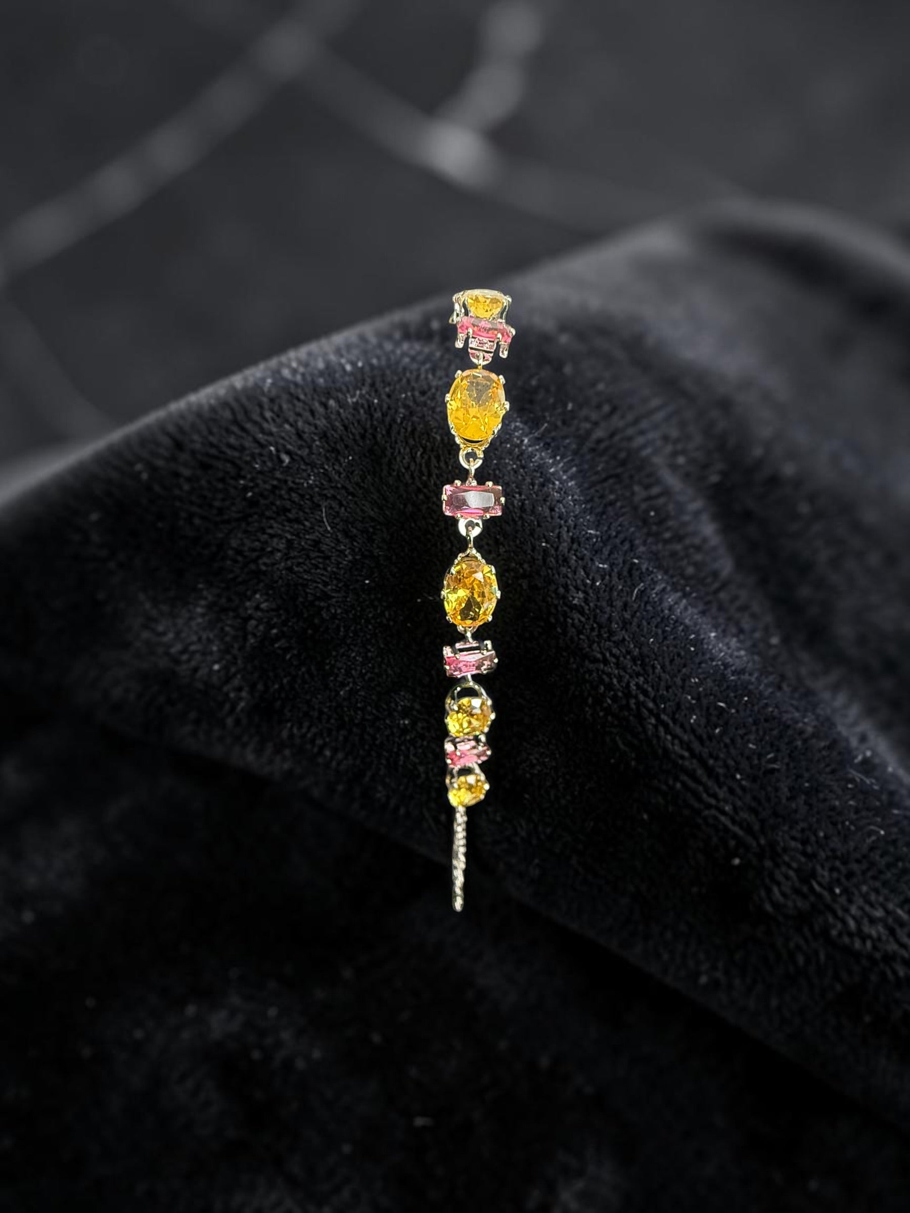 Yellow & Pink Crystal Tennis Bracelet – Silver Tone Oval & Emerald Cut Stone Bracelet for Women 7066