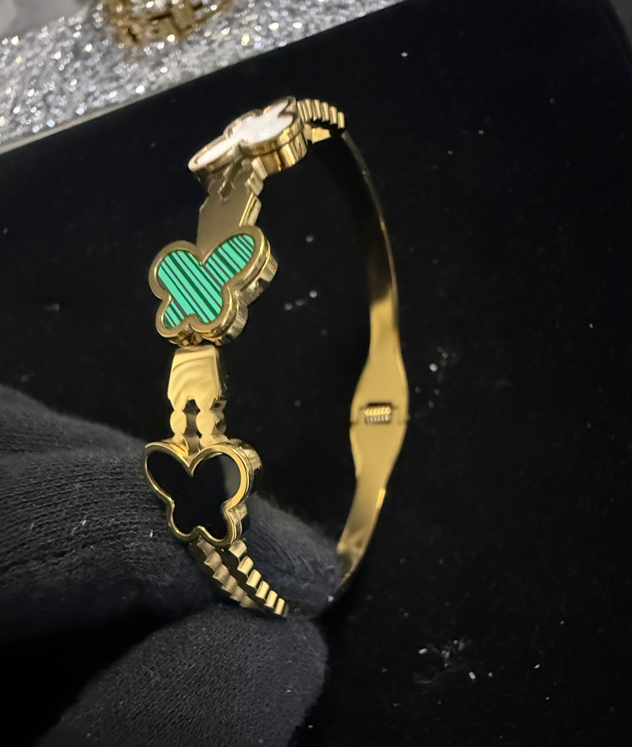 Gold Tone Stainless Steel Butterfly Bangle Bracelet in Black, Green & White 8061