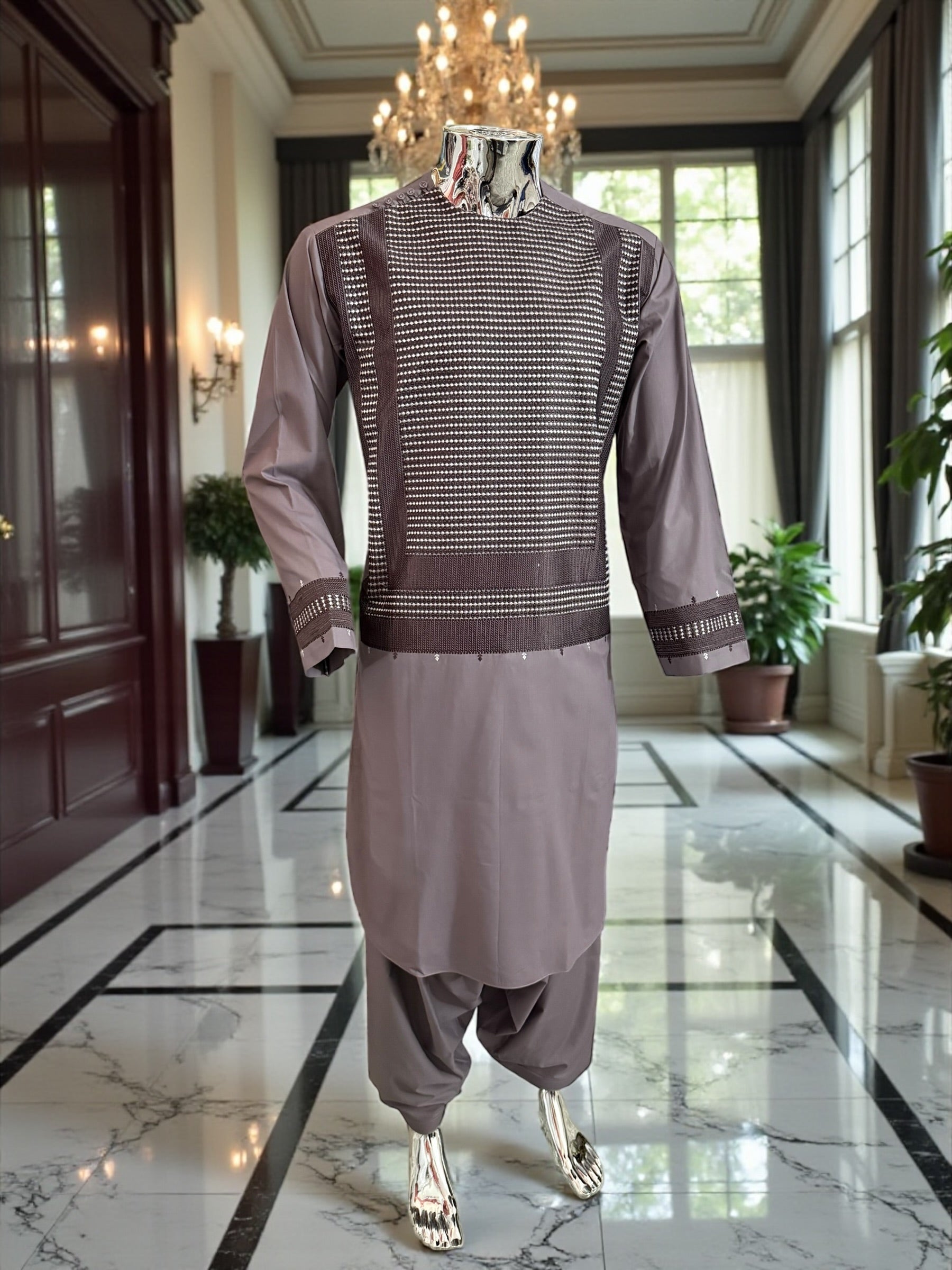 Men’s Plum Parahan Tumban with White Embroidery – Afghan Traditional Outfit (Small)