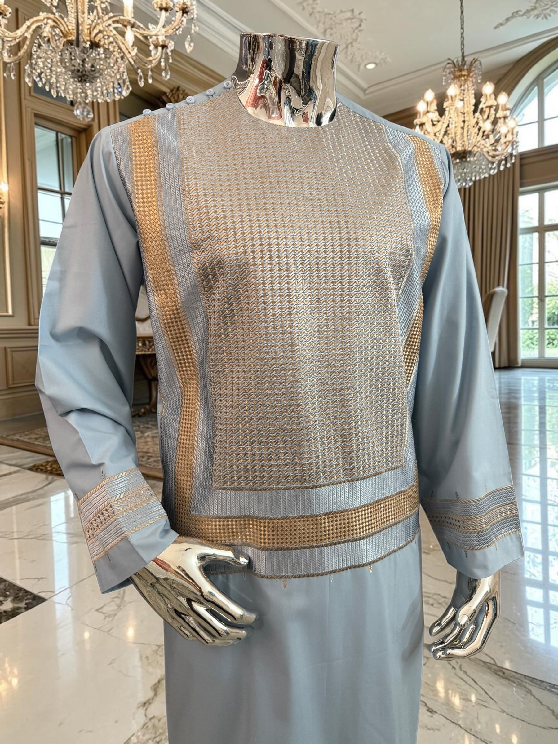 Large Luxury Sky Blue & Gold Embroidered Men’s Afghan Shalwar Kameez Set Yakhandozi – Premium Traditional Outfit