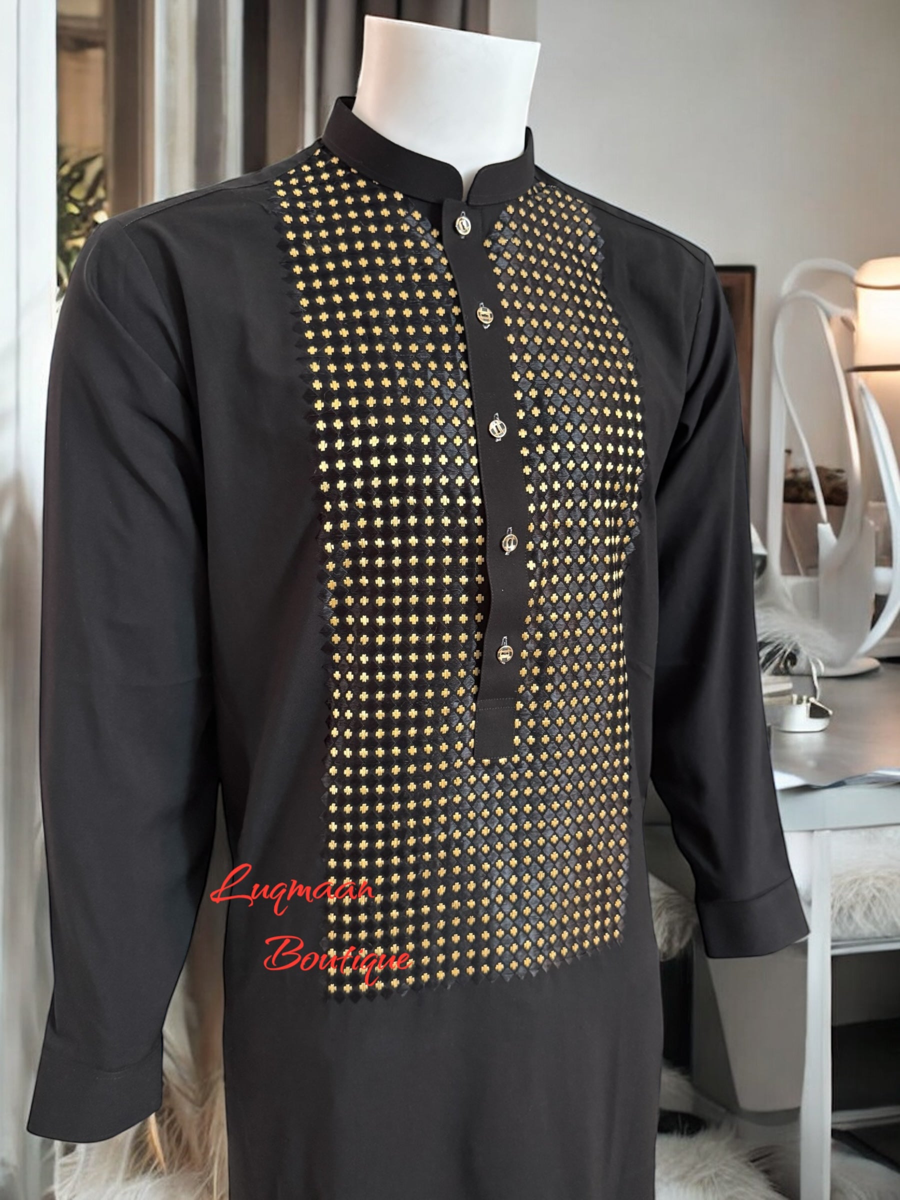 Men’s Black Parahan Tumban with Gold Hand Khamak Embroidery – Luxury Traditional Afghan Outfit, Medium