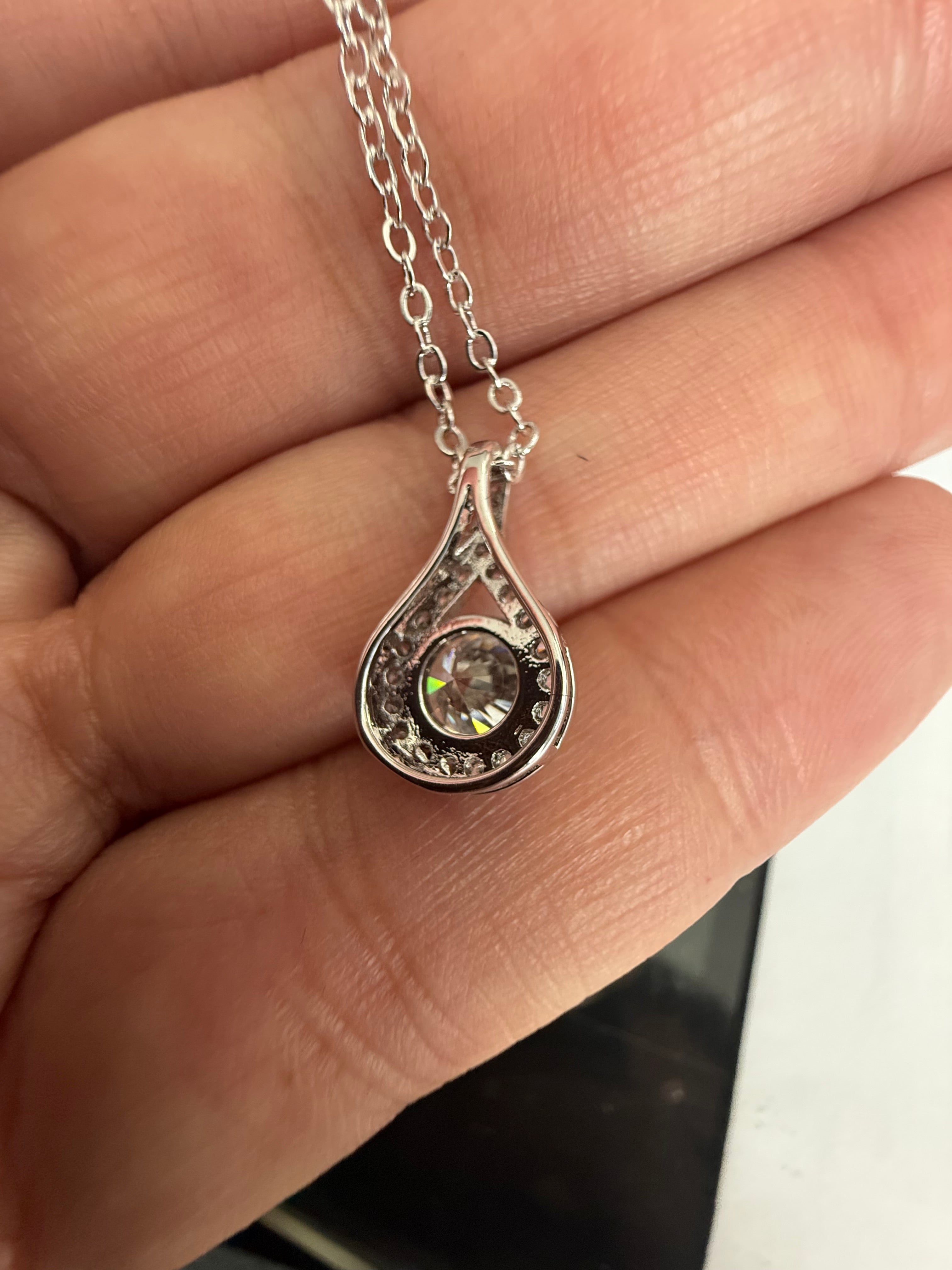 1 Carat Round Moissanite Teardrop Pendant Necklace – Silver Tone Halo Necklace with GRA Certificate & Jewelry Box 7064