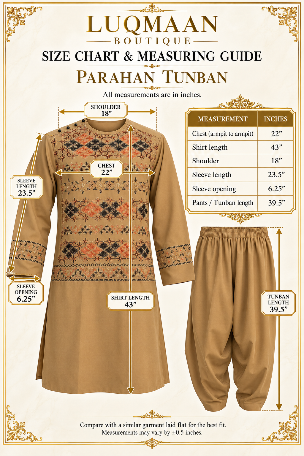 Hand Embroidered Camel Tan Afghan Parahan Tunban with Matching Shawl 5024