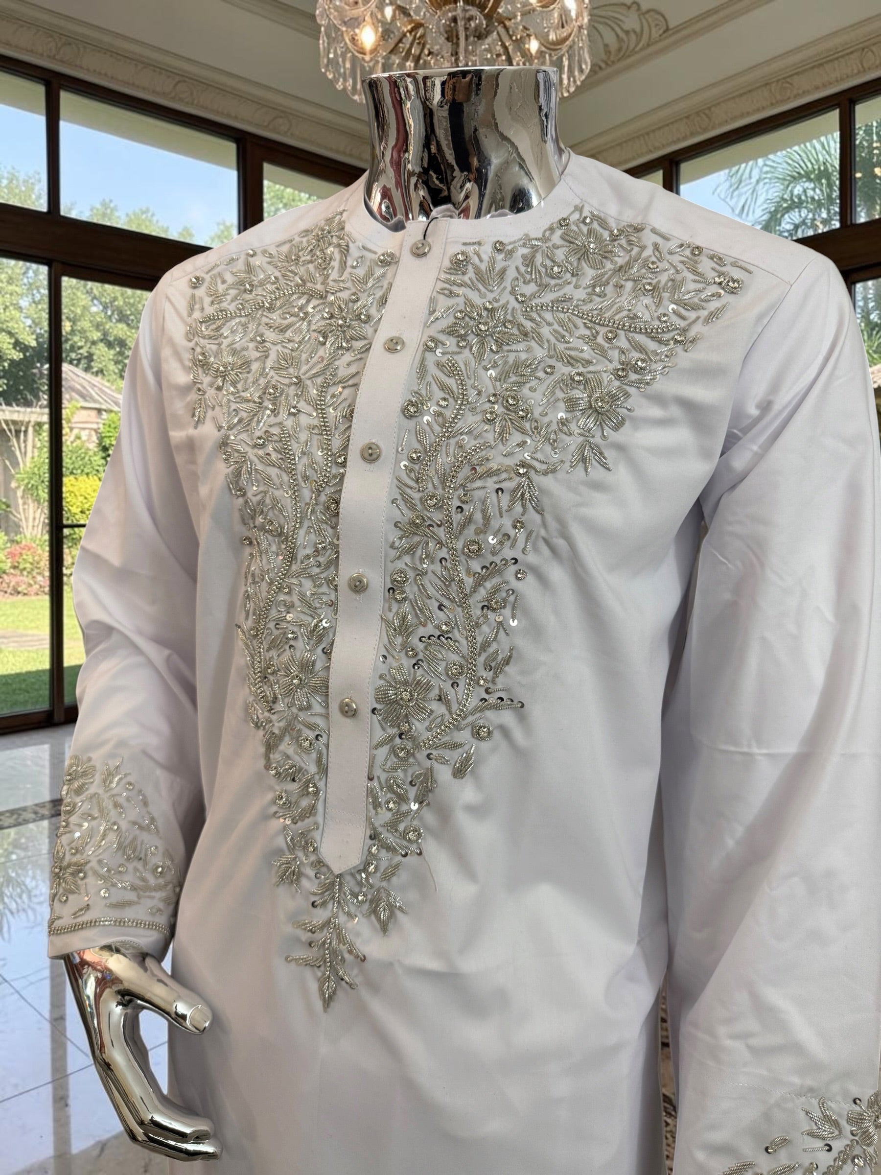 Handmade Afghan Selmadozi Embroidered Men’s Perahan Tunban – Luxury Traditional Formal Outfit – Available in Black, Ivory & White