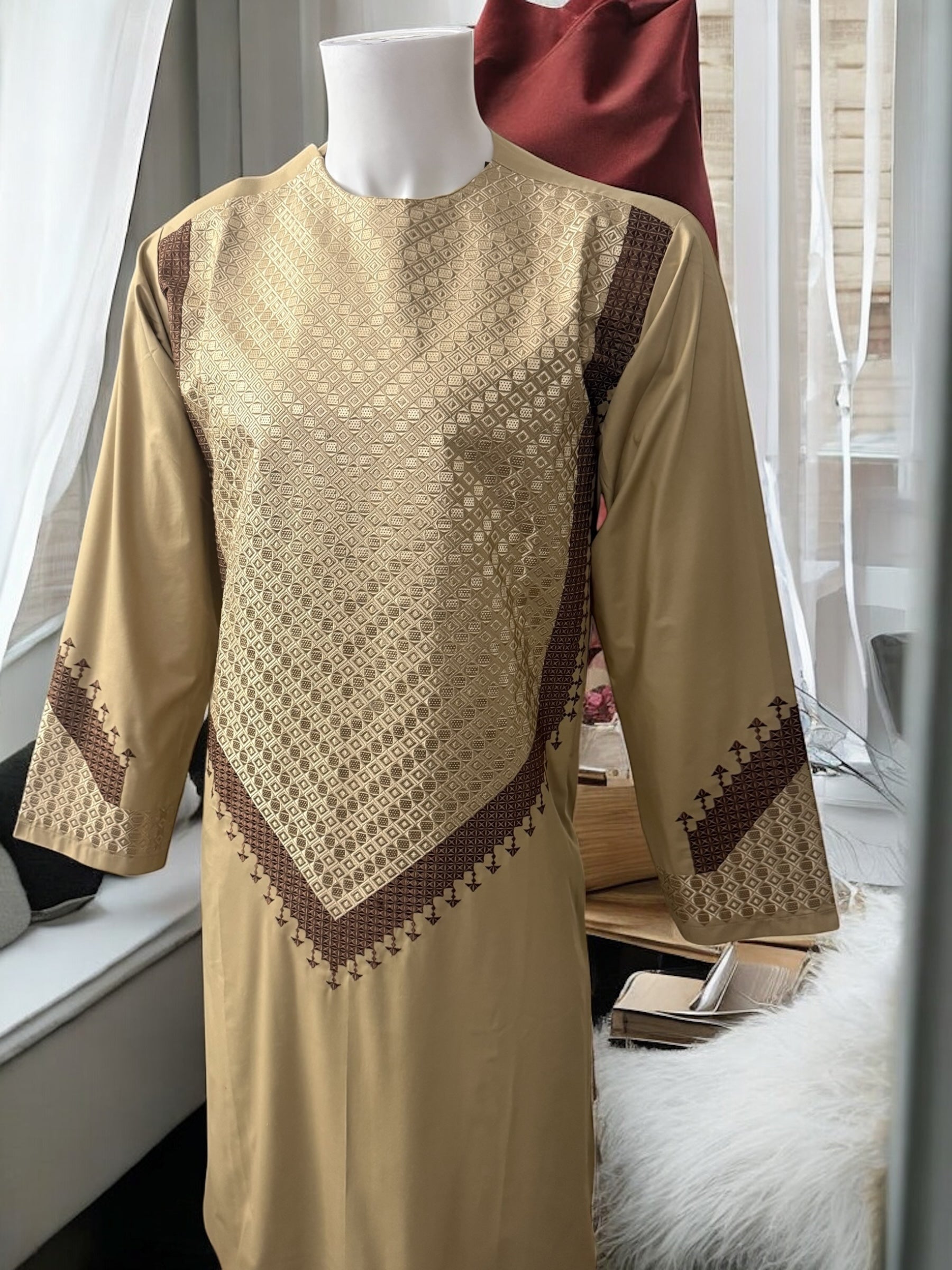 Men’s Beige Parahan Tumban with Brown Embroidery Large