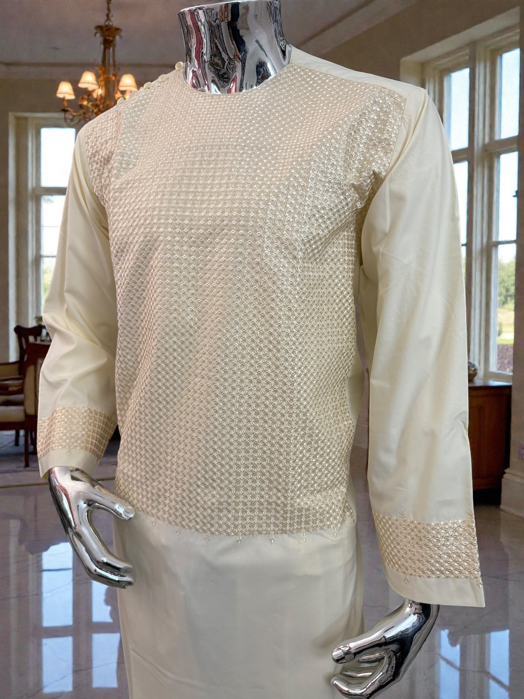 Men’s Cream Parahan Tumban with Matching Embroidery – Afghan Traditional Outfit (Medium)