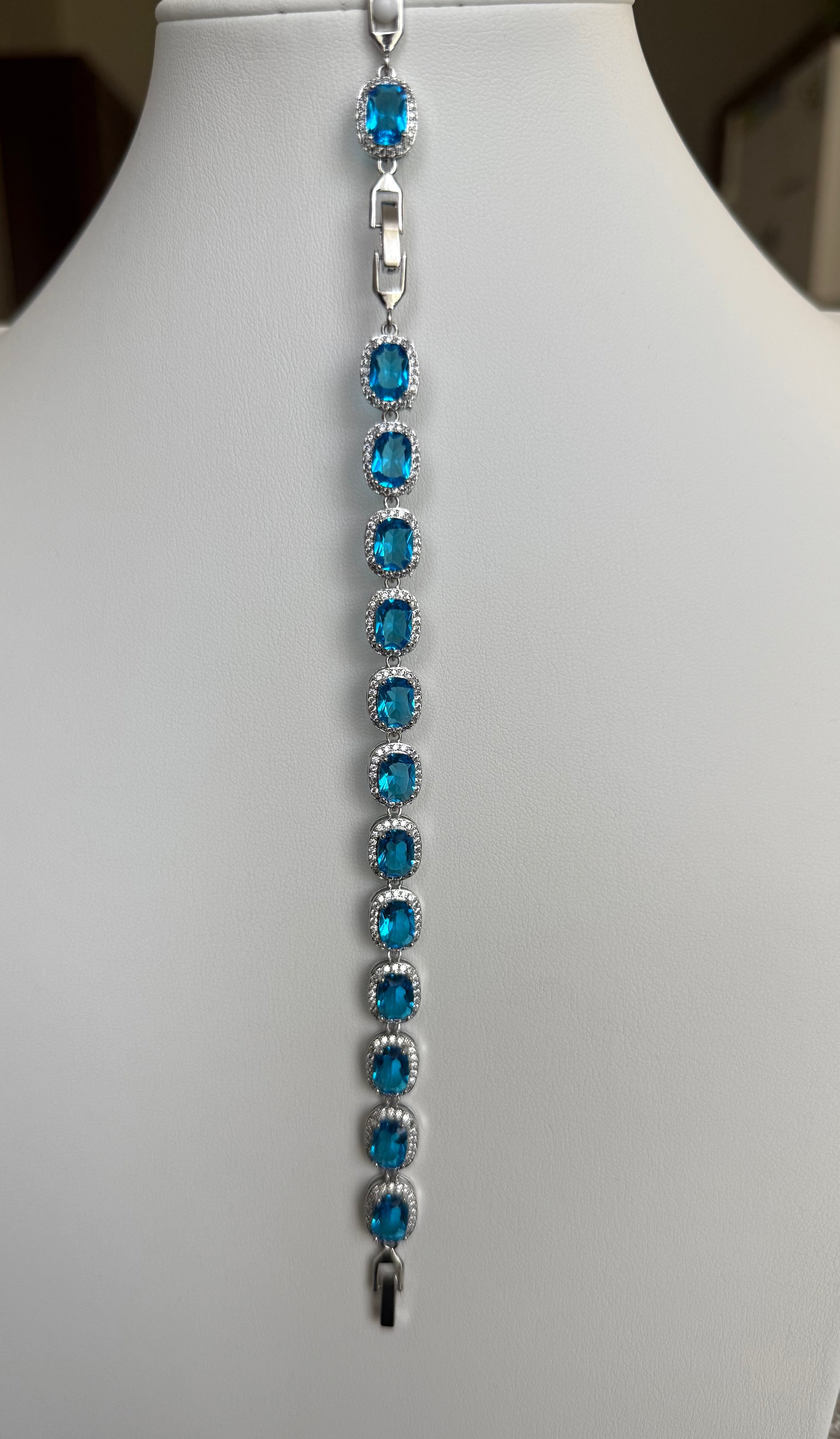 Aqua Blue Cushion-Cut Crystal Halo Tennis Bracelet – Silver-Tone Statement Jewelry 7115
