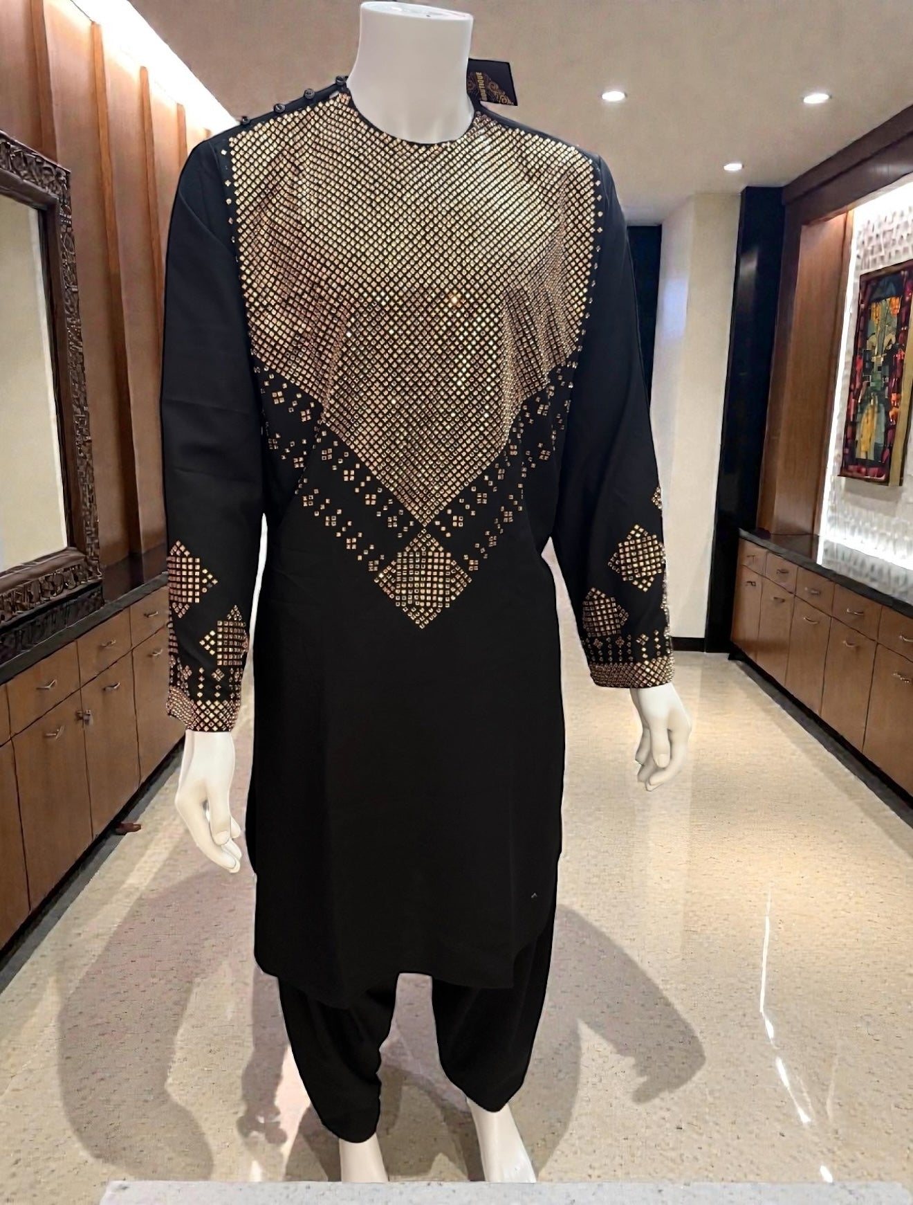 Men’s Black Parahan Tunban – Luxury Gold Shesha (Mirror) Work Chest & Sleeve Design | Afghan Traditional Outfit XL