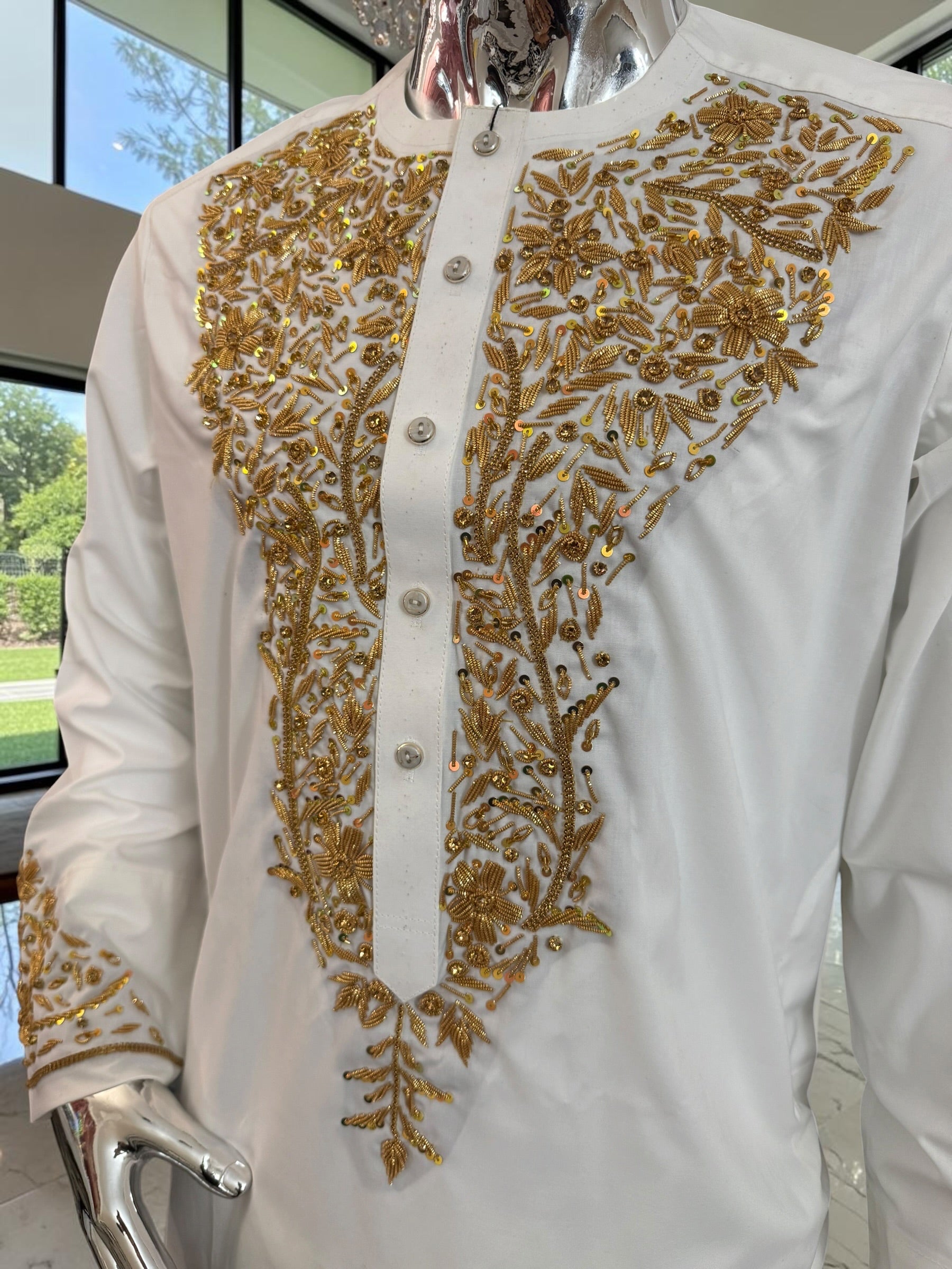 Handmade Afghan Selmadozi Embroidered Men’s Perahan Tunban – Luxury Traditional Formal Outfit – Available in Black, Ivory & White