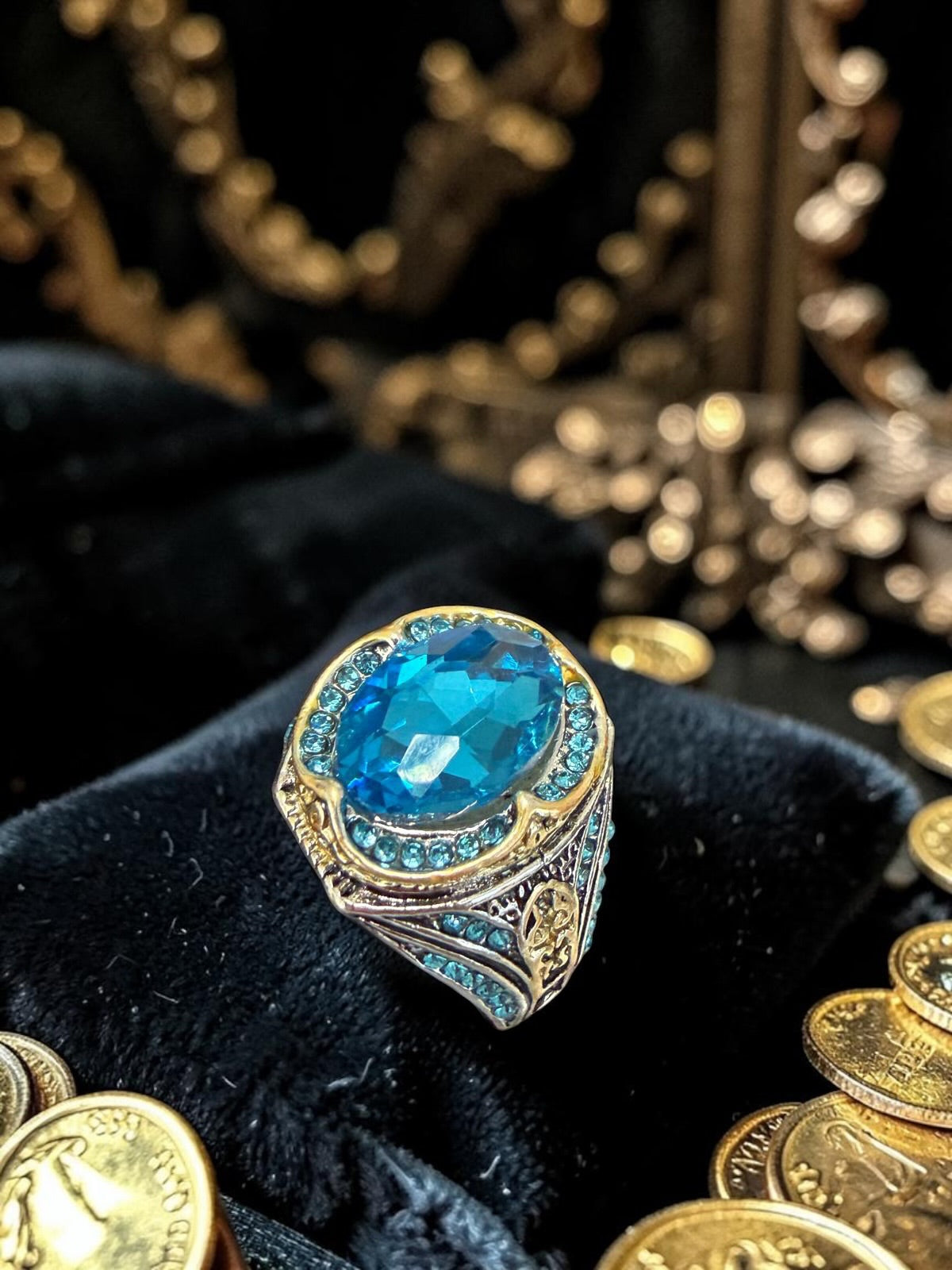 Men’s Vintage Blue Crystal Statement Ring – Silver Plated Ottoman Turkish Style Gemstone Ring G3