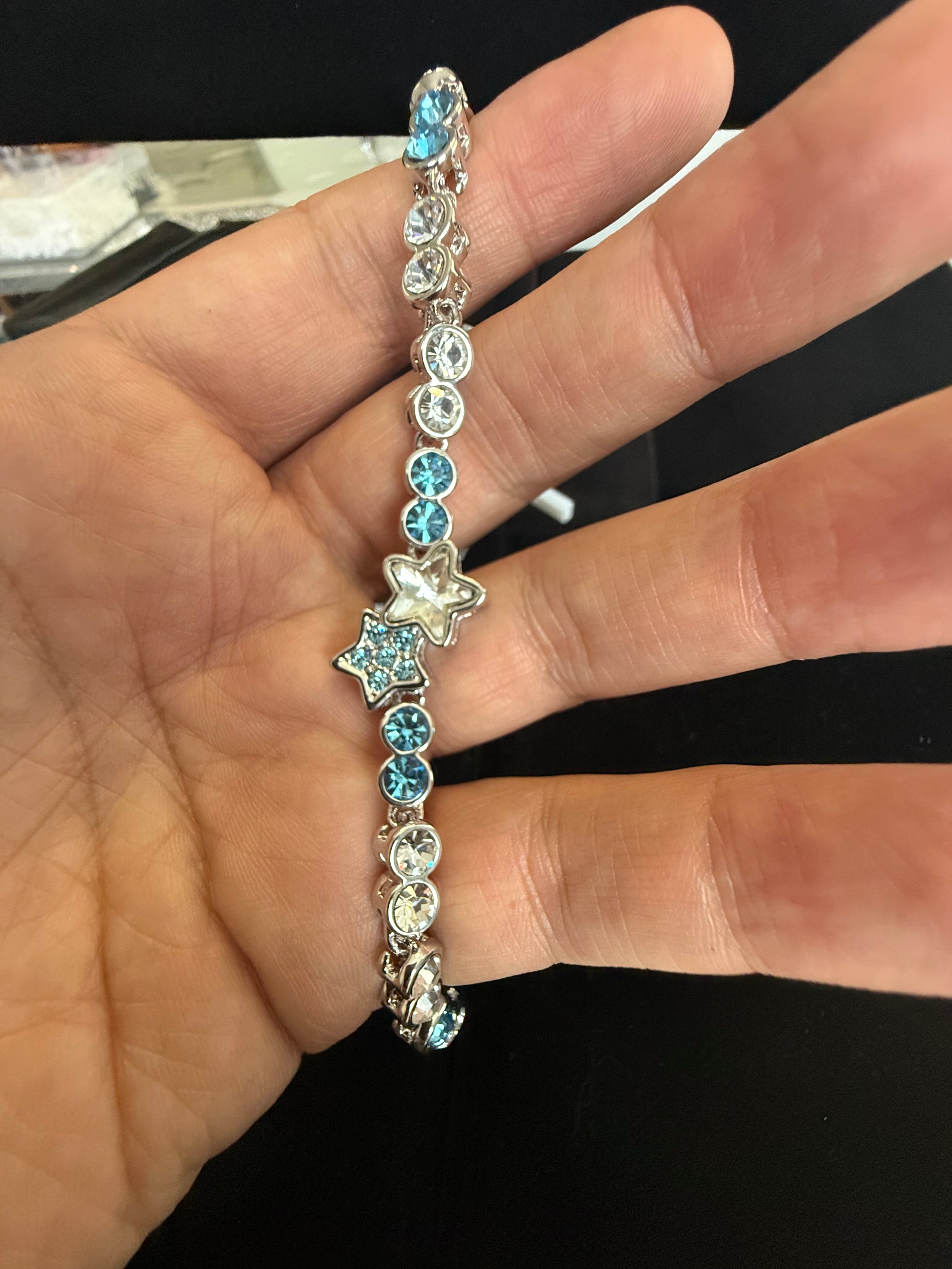 Blue & Clear Crystal Star Bracelet – Silver-Tone Celestial Tennis Bracelet for Women 7070