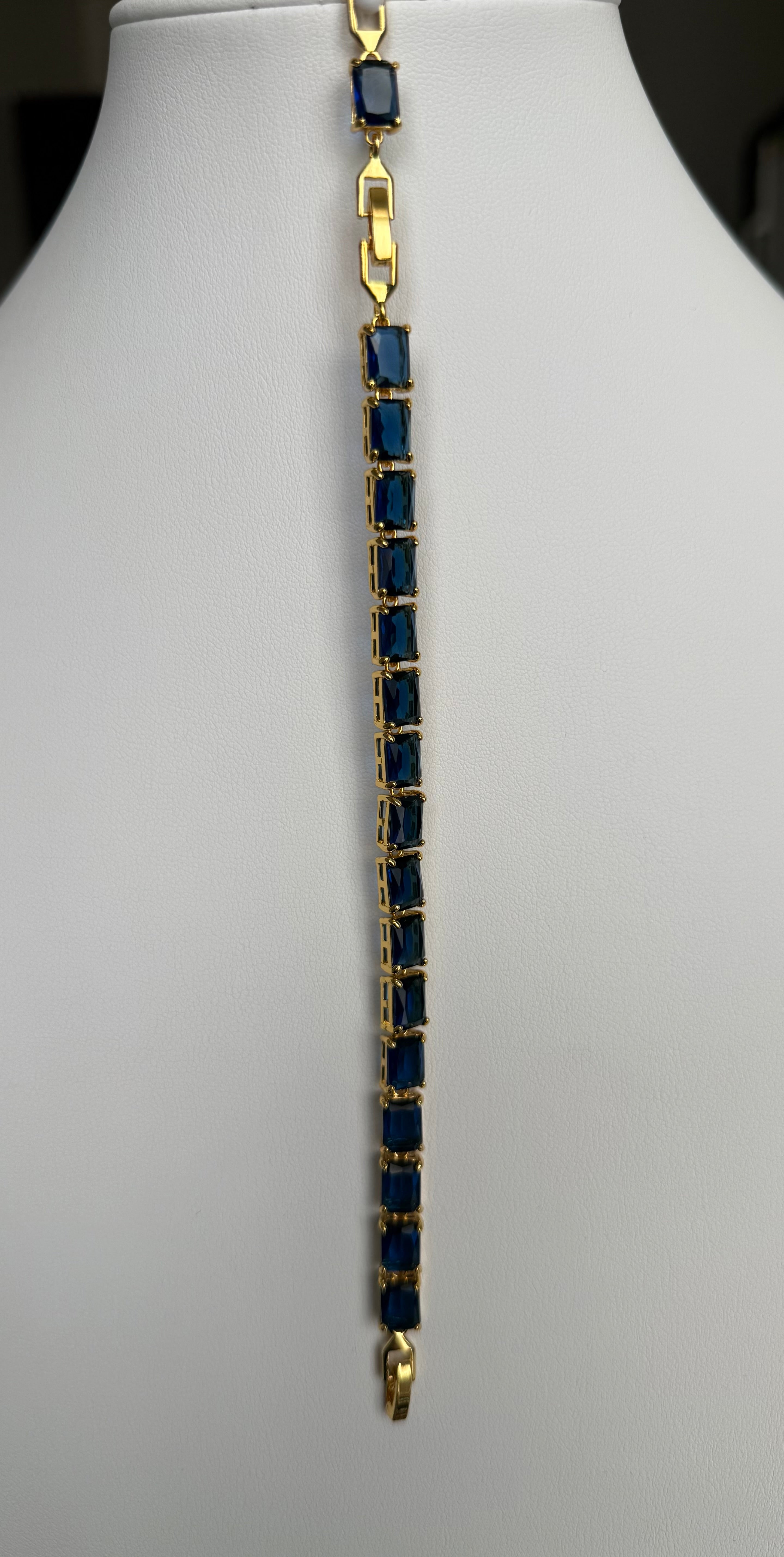 Sapphire Blue Emerald-Cut Crystal Tennis Bracelet – Gold Tone Statement Jewelry 7141