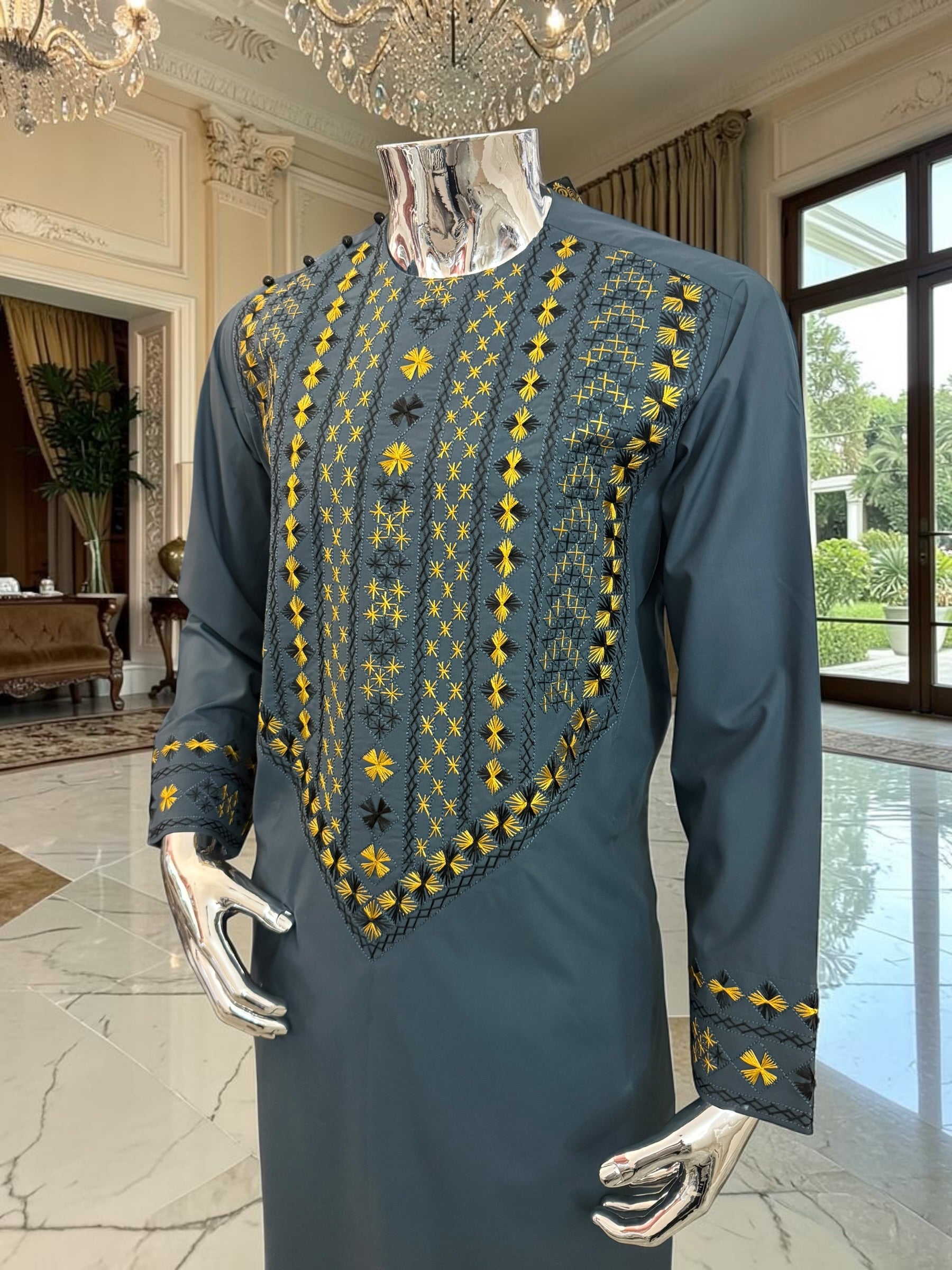 Medium Men’s Afghan Parahan Tunban Set – Dark Slate Blue with Premium Gold & Black Hand Embroidery with Chadder/patto