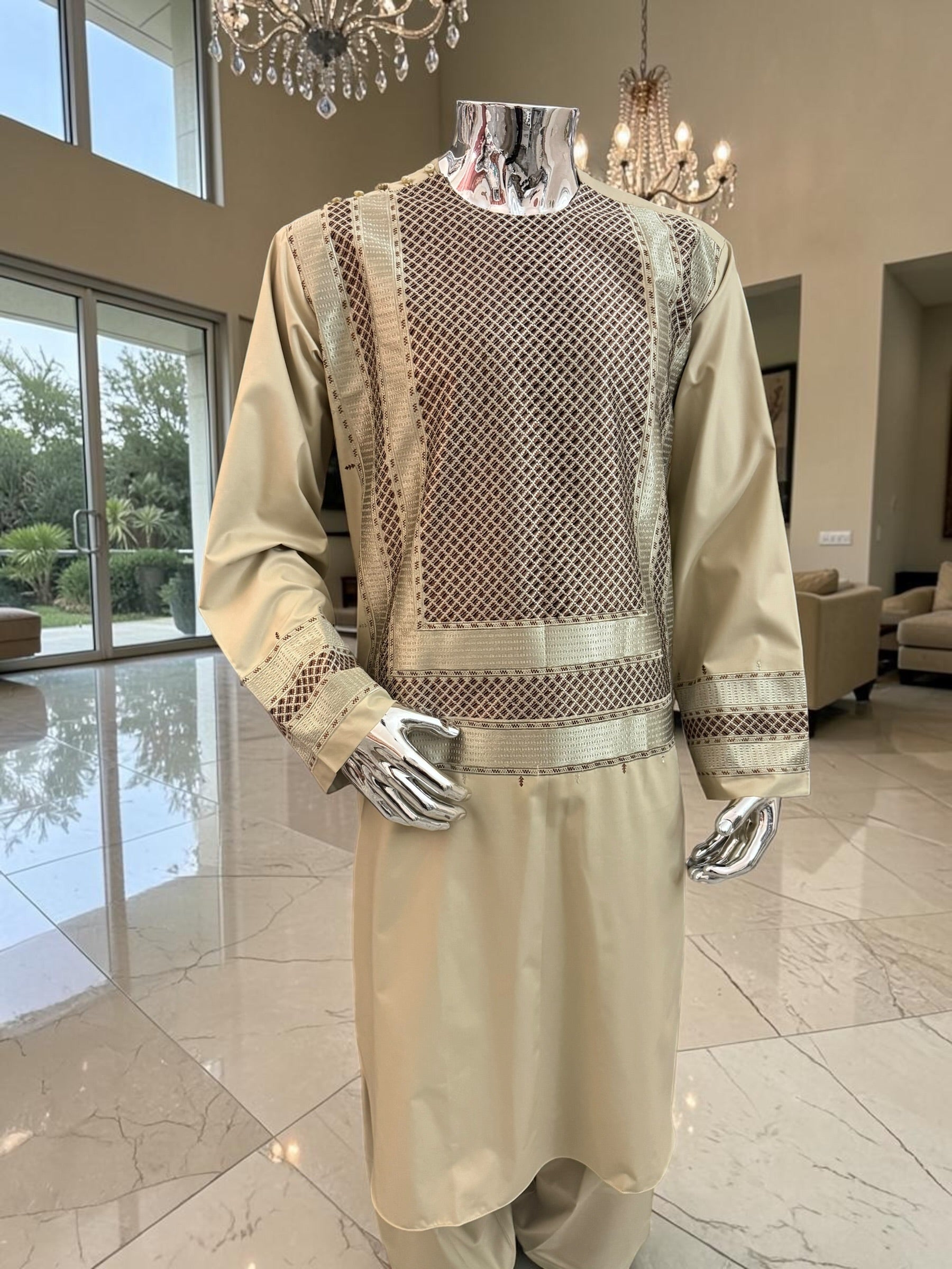 X-Large Men’s Light Khaki Afghan Parahan Tunban Set with Premium Machine Embroidery