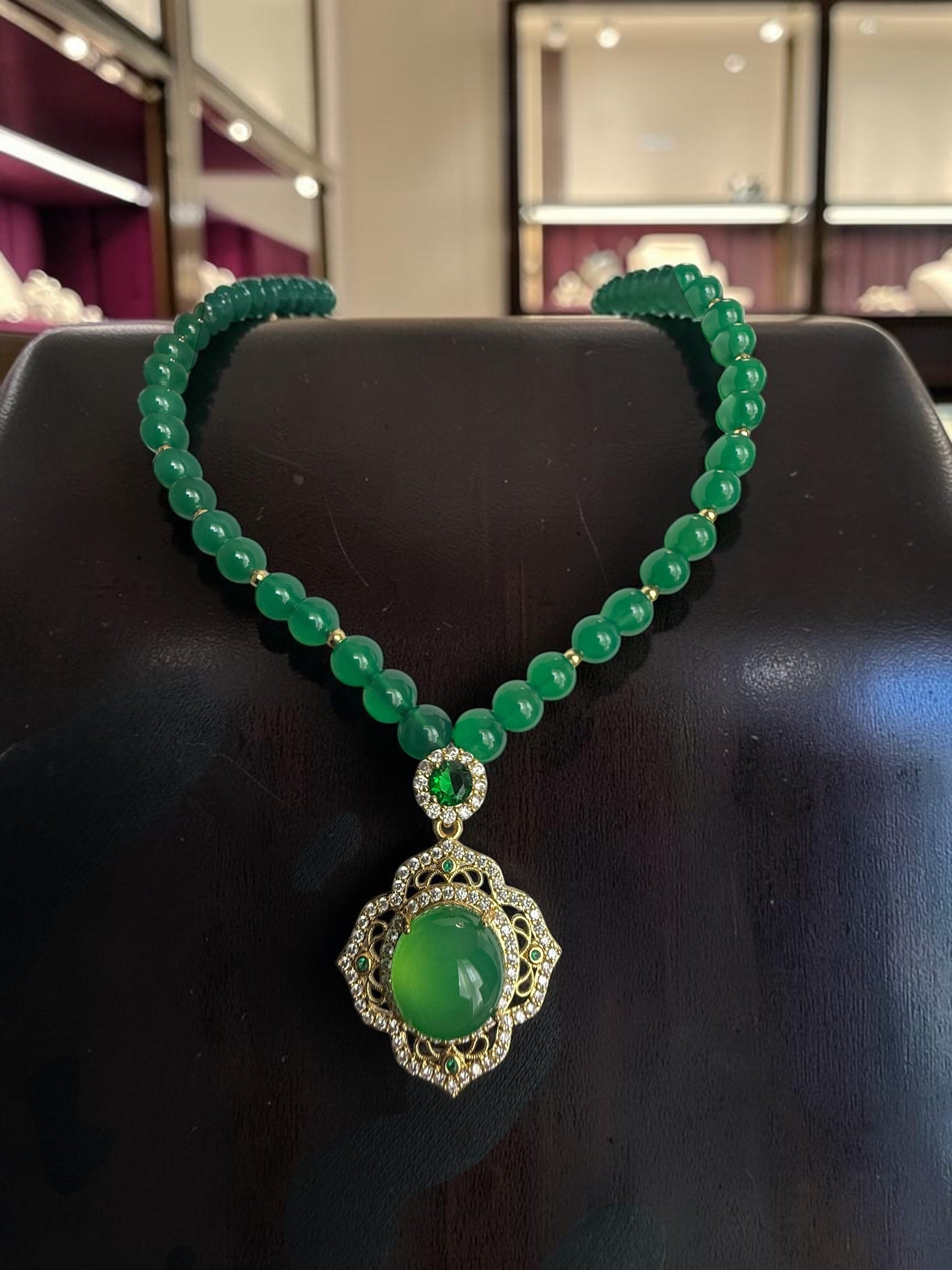 Natural Green Agate Beaded Necklace with Pendant | Gold Tone Statement Necklace | Gemstone Jewelry with Certificate 6005