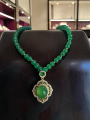 Natural Green Agate Beaded Necklace with Pendant | Gold Tone Statement Necklace | Gemstone Jewelry with Certificate 6005