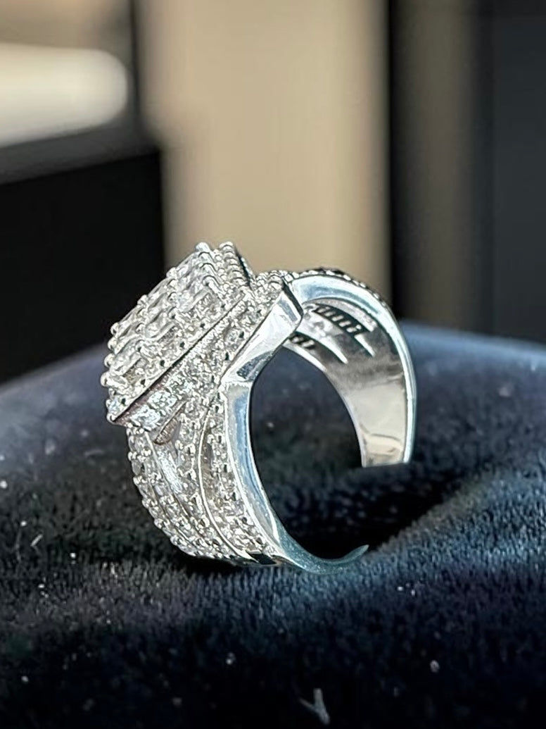 S925 Sterling Silver Princess Cut Cluster Statement Ring – Crisscross Halo Cocktail Ring – Size 10 044