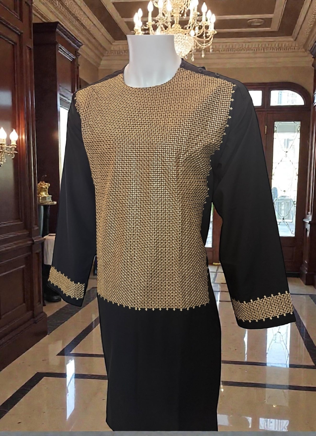 X-Large Black Afghan Parahan Tunban for Men with Machine Embroidery