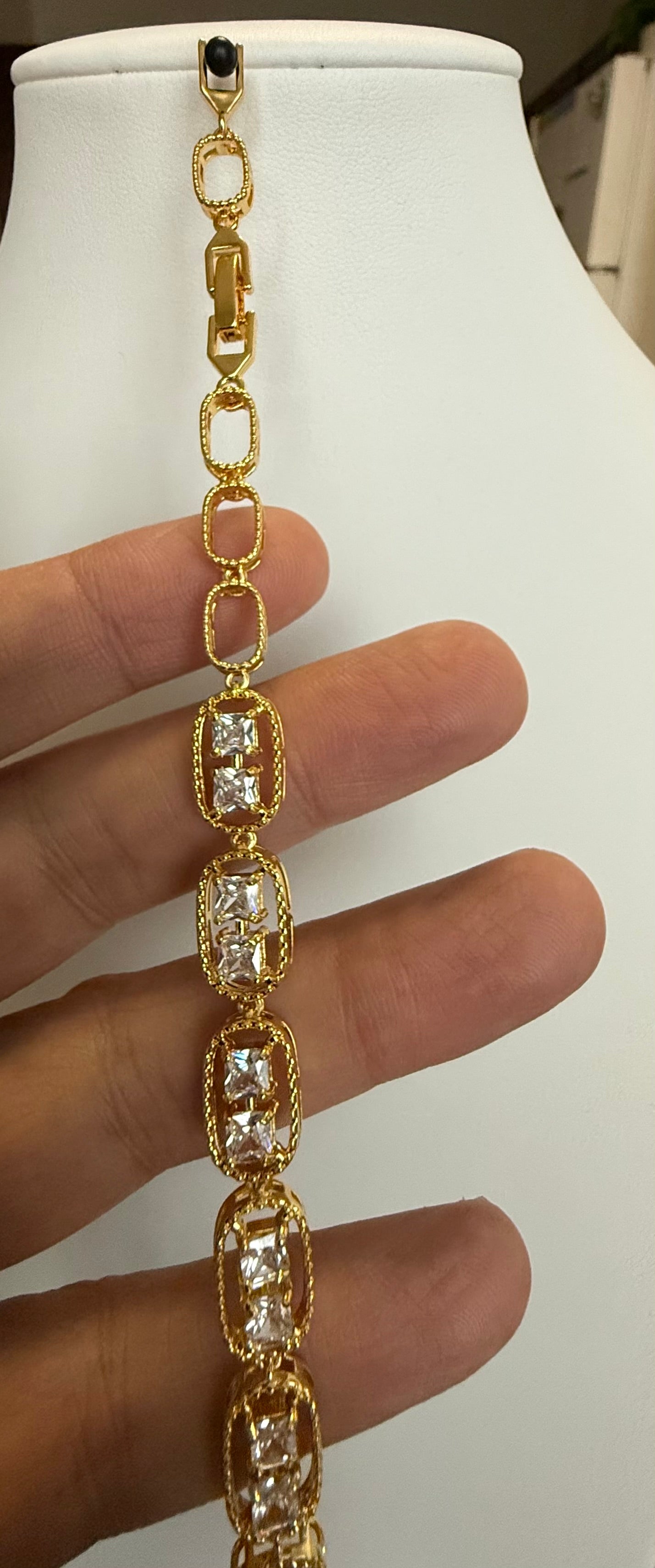 Gold Tone Clear Crystal Link Bracelet – Geometric Double Stone Statement Bracelet, Gift Ready 7077