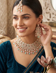 Pastel Pink & Aqua Kundan Bridal Jewelry Set with Earrings and Maang Tikka | Rose Gold Indian Pakistani Afghan Wedding Necklace 6051